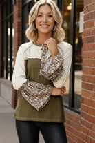 Kori America Olive Cotton Color Block Floral Print Bell Sleeve Top
