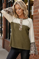 Kori America Olive Cotton Color Block Floral Print Bell Sleeve Top