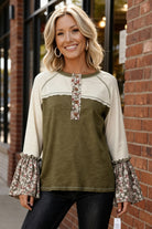 Kori America Olive Cotton Color Block Floral Print Bell Sleeve Top