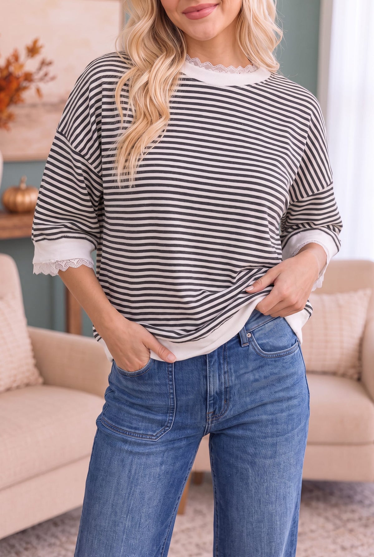 Kori Stripe It Right Lace Trim Top