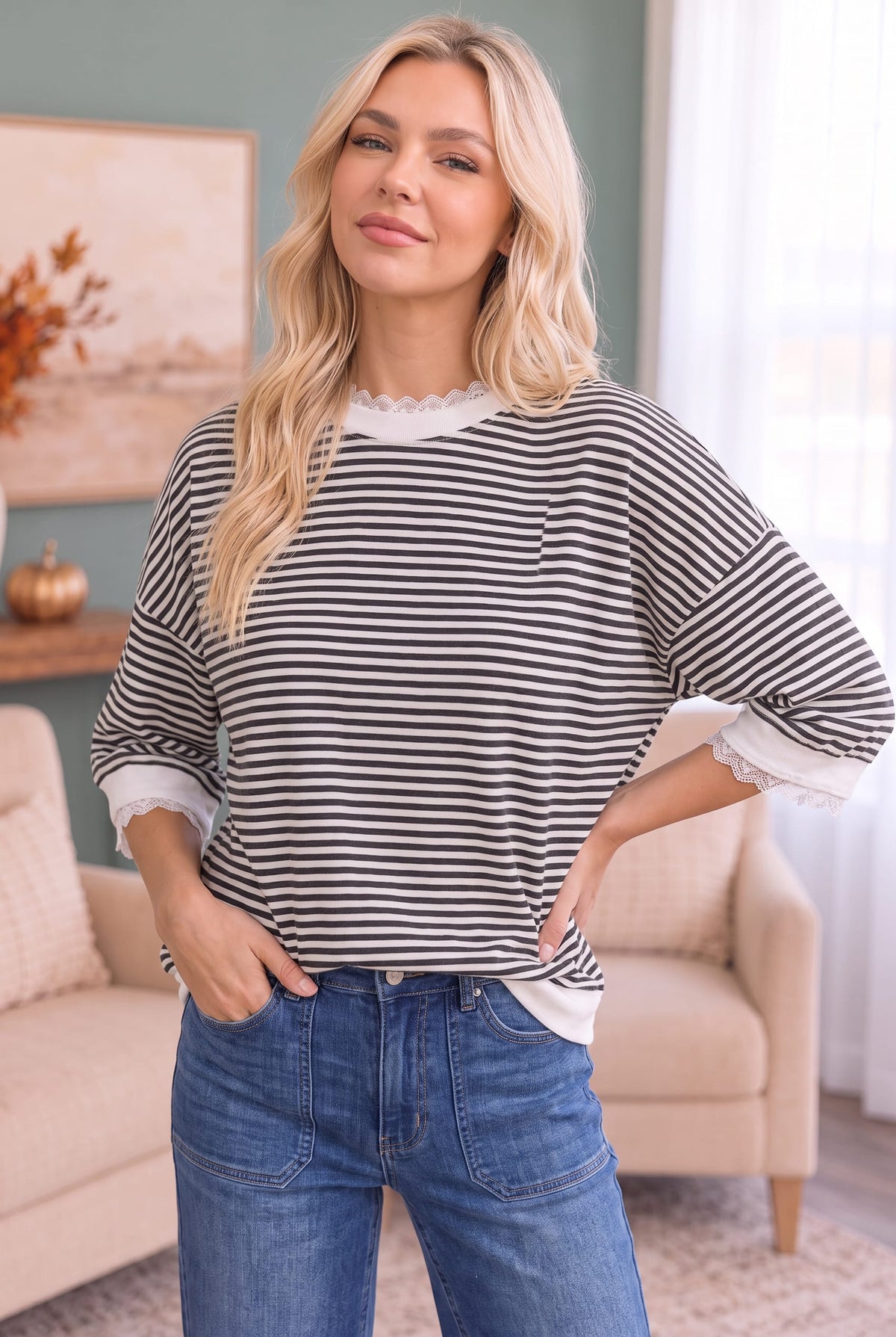 Kori Stripe It Right Lace Trim Top