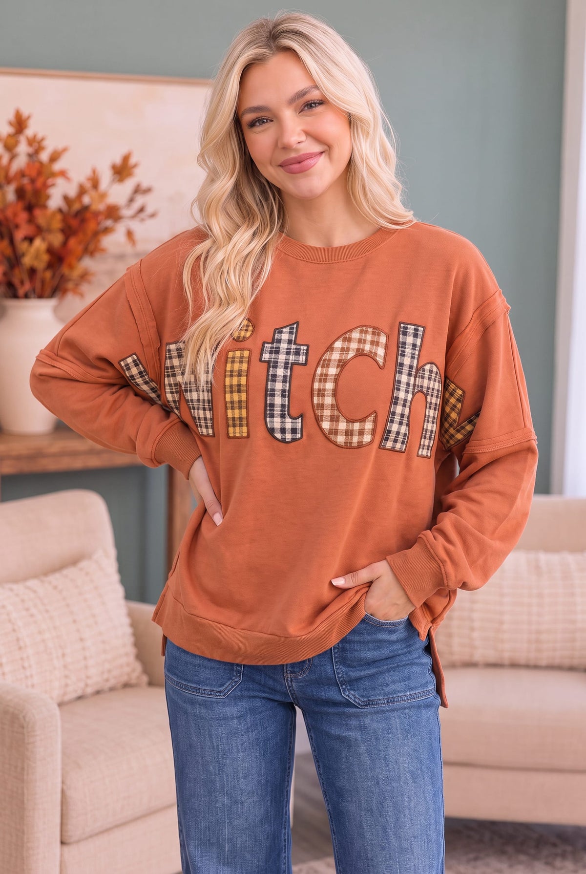 Kori Basic Witch Plaid Patch Sweatshirt