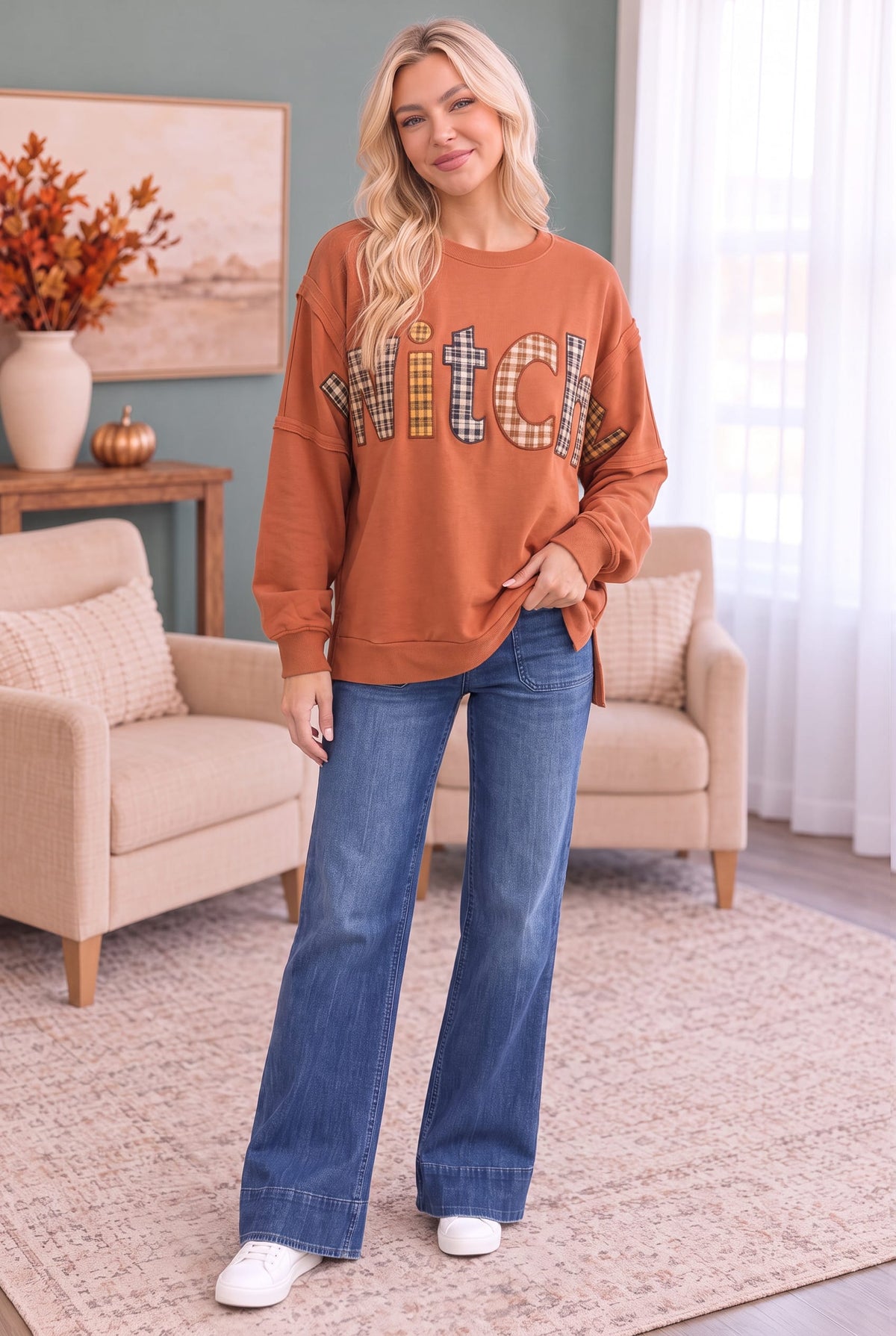 Kori Basic Witch Plaid Patch Sweatshirt