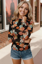 Kori America Black & Rust Vintage Floral Mock Neck Top