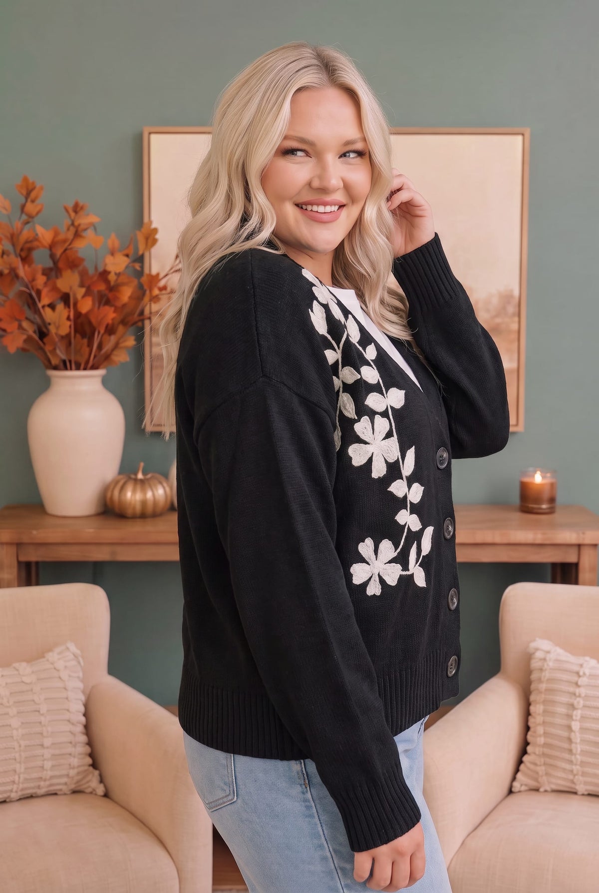 Kori Off the Vine Black Floral Embroidered Cardigan