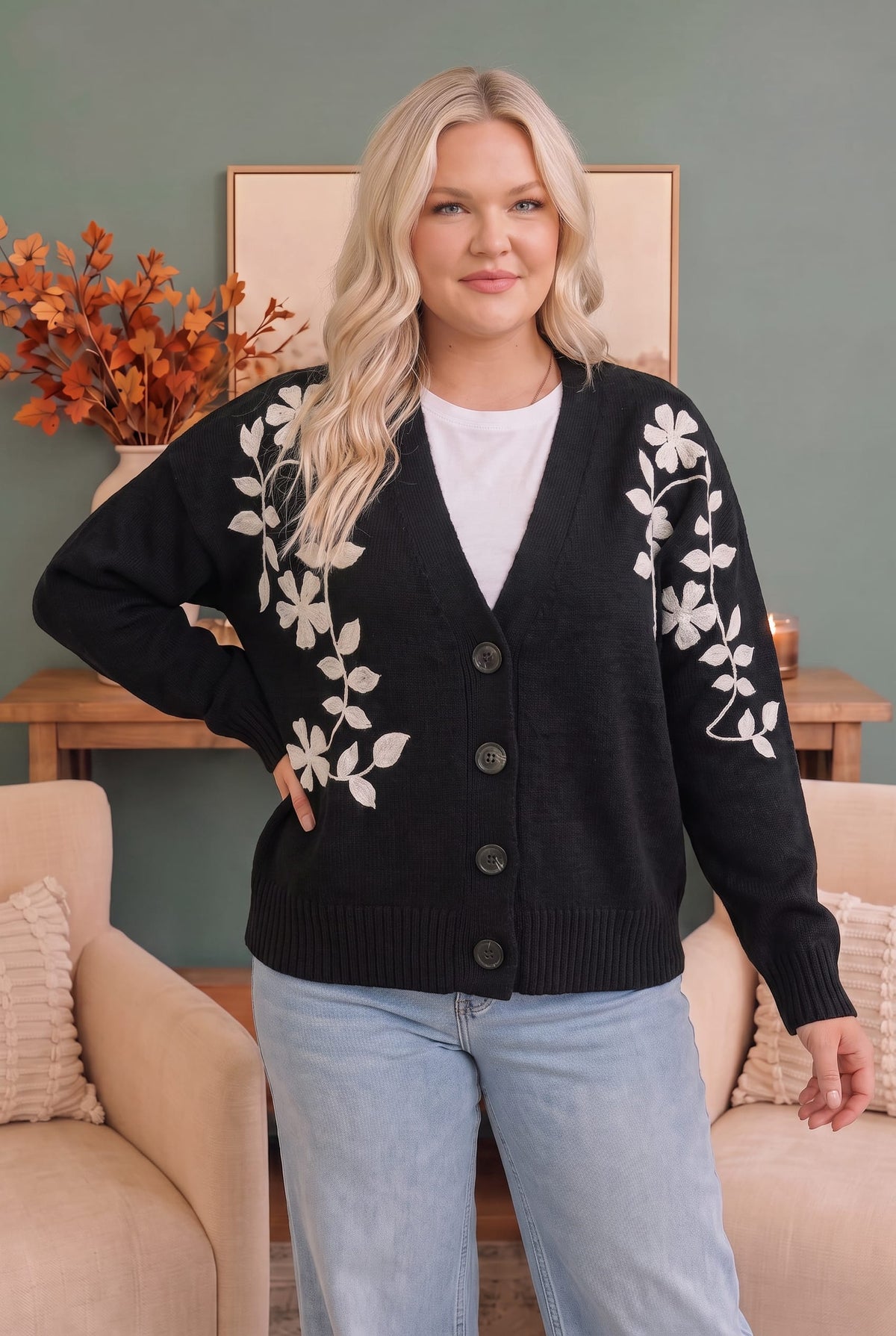 Kori Off the Vine Black Floral Embroidered Cardigan