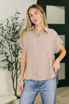 Zenana Keep Up Crinkle Woven Collared Button Down in Ash Mocha Womens