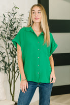Zenana Keep Up Crinkle Woven Collared Button Down in Green Womens