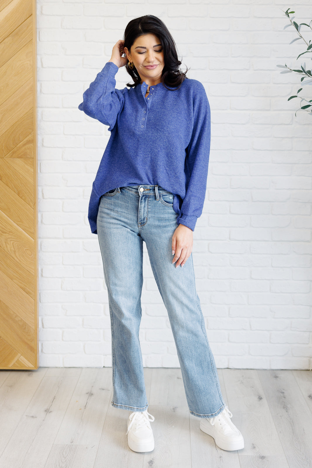 Zenana Keeping it Real Brushed Melange Hacci Long Sleeve Tee in Bright Blue Shirts & Tops