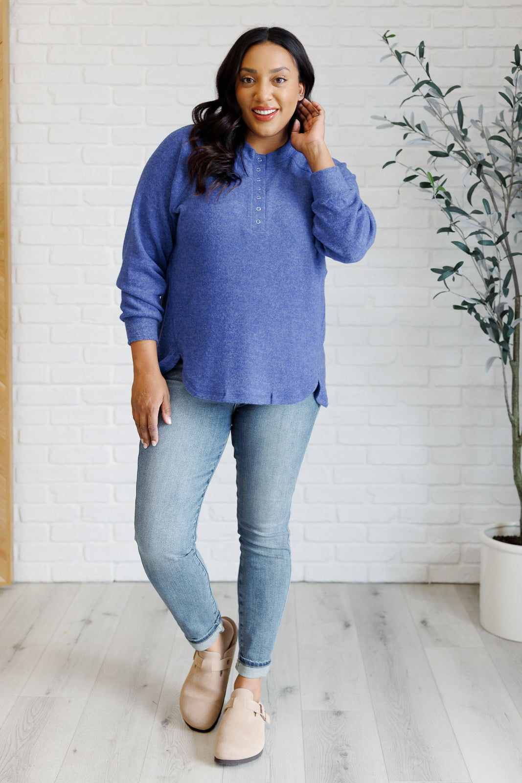 Zenana Keeping it Real Brushed Melange Hacci Long Sleeve Tee in Bright Blue Shirts & Tops