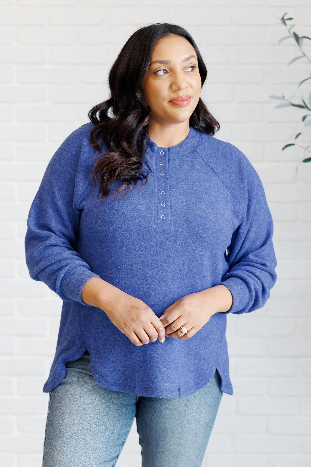 Zenana Keeping it Real Brushed Melange Hacci Long Sleeve Tee in Bright Blue Shirts & Tops