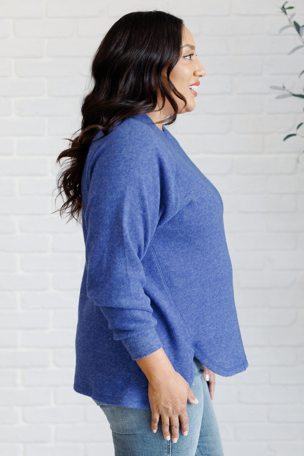 Zenana Keeping it Real Brushed Melange Hacci Long Sleeve Tee in Bright Blue Shirts & Tops