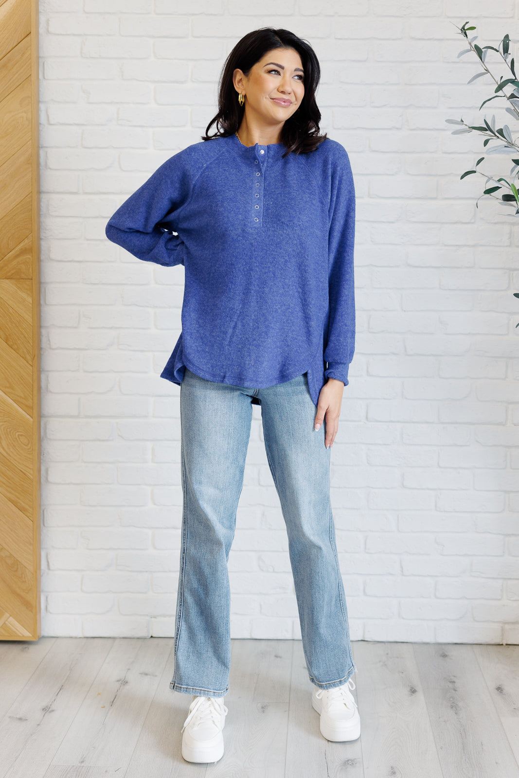 Zenana Keeping it Real Brushed Melange Hacci Long Sleeve Tee in Bright Blue Shirts & Tops