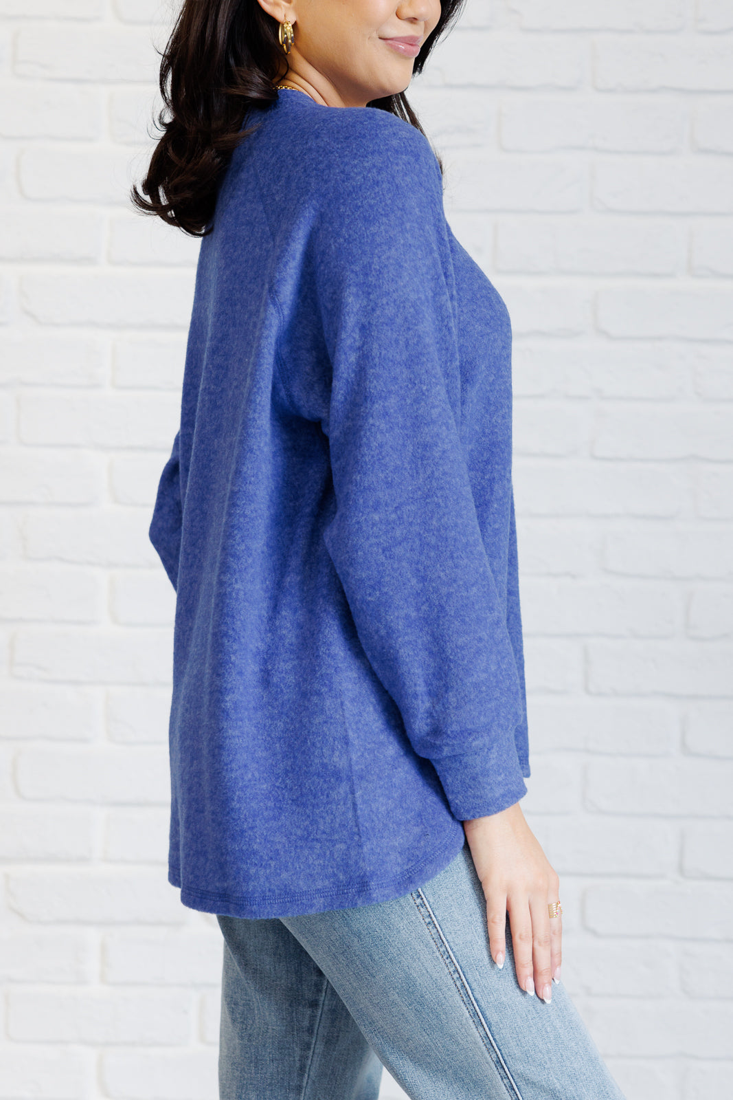 Zenana Keeping it Real Brushed Melange Hacci Long Sleeve Tee in Bright Blue Shirts & Tops