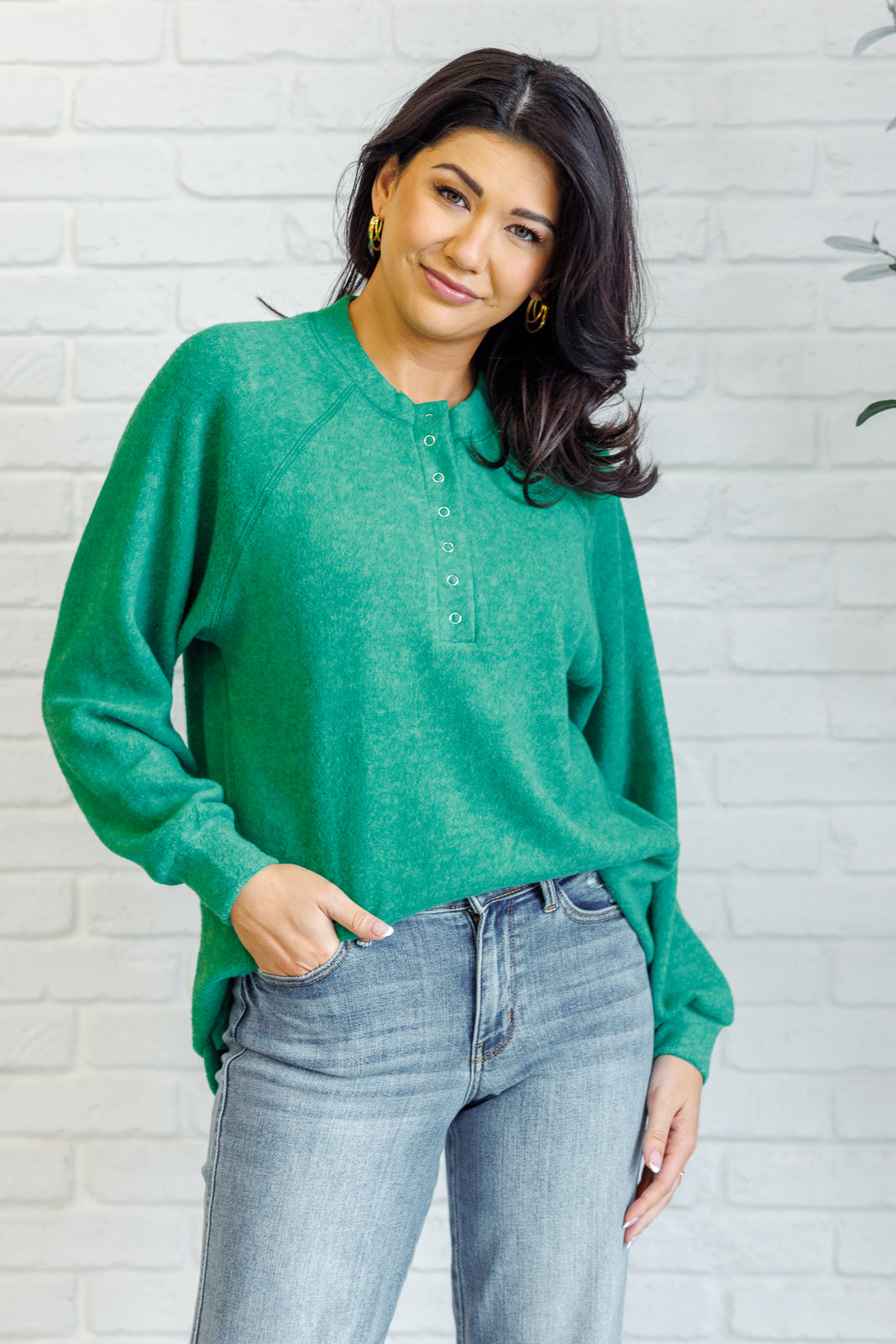 Zenana Keeping it Real Brushed Melange Hacci Long Sleeve Tee in Forest Shirts & Tops