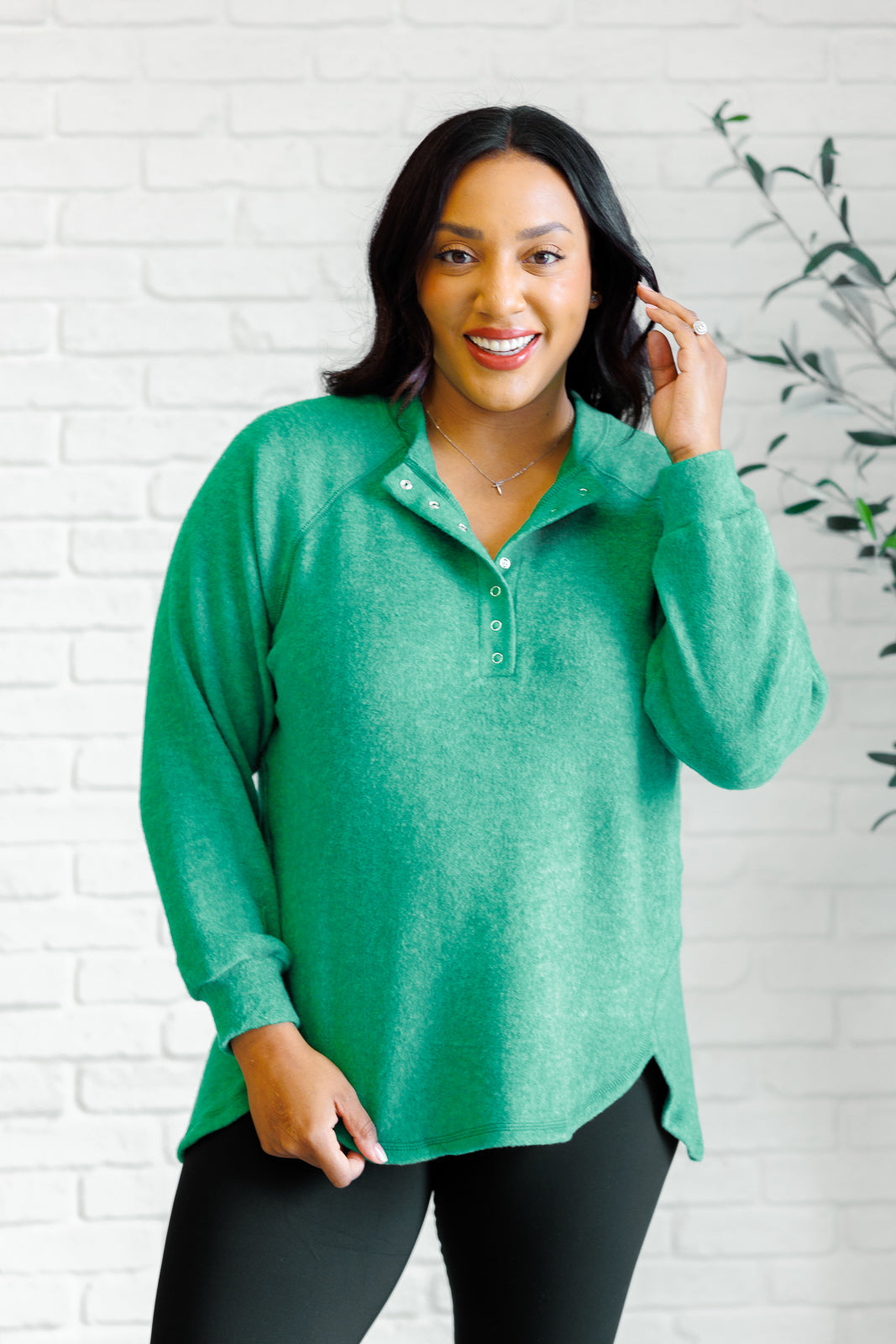 Zenana Keeping it Real Brushed Melange Hacci Long Sleeve Tee in Forest 2XL Shirts & Tops