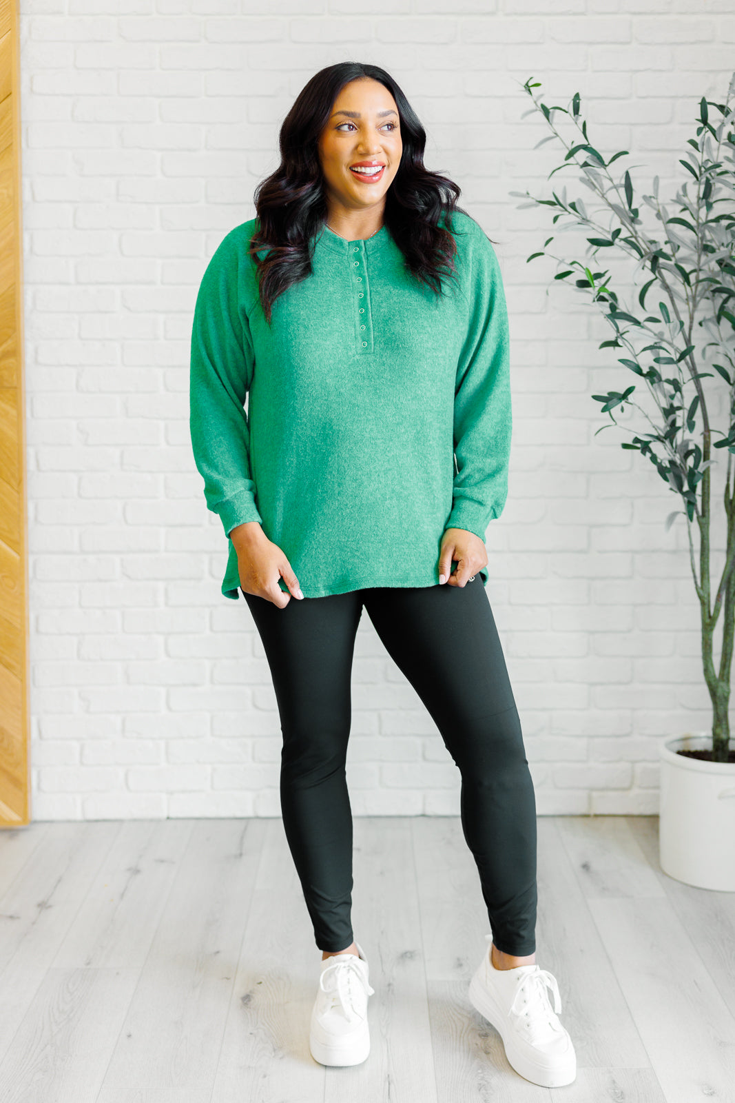 Zenana Keeping it Real Brushed Melange Hacci Long Sleeve Tee in Forest Shirts & Tops