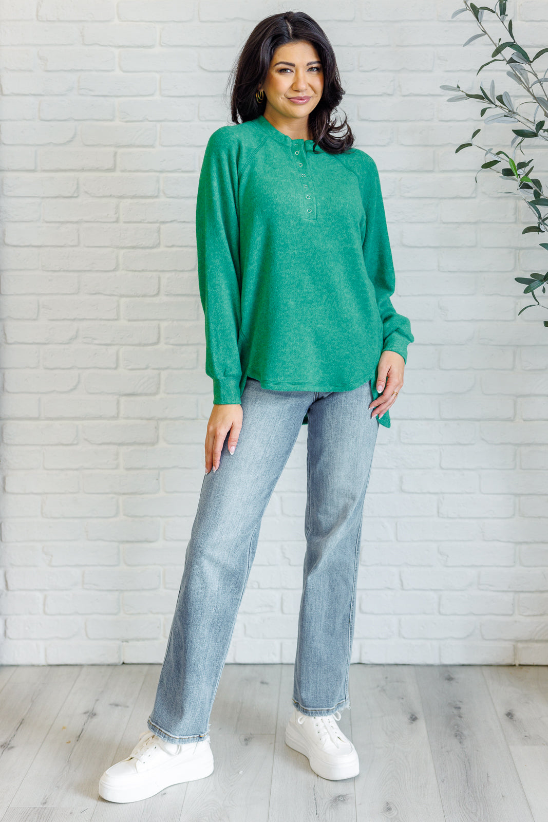 Zenana Keeping it Real Brushed Melange Hacci Long Sleeve Tee in Forest Shirts & Tops