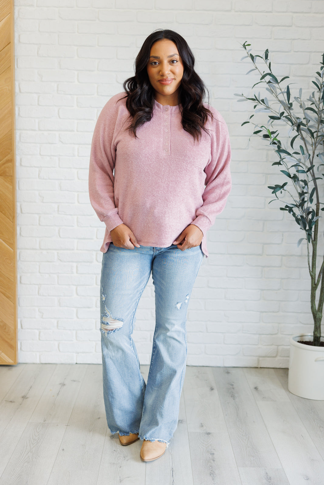 Zenana Keeping it Real Brushed Melange Hacci Long Sleeve Tee in Light Rose Shirts & Tops