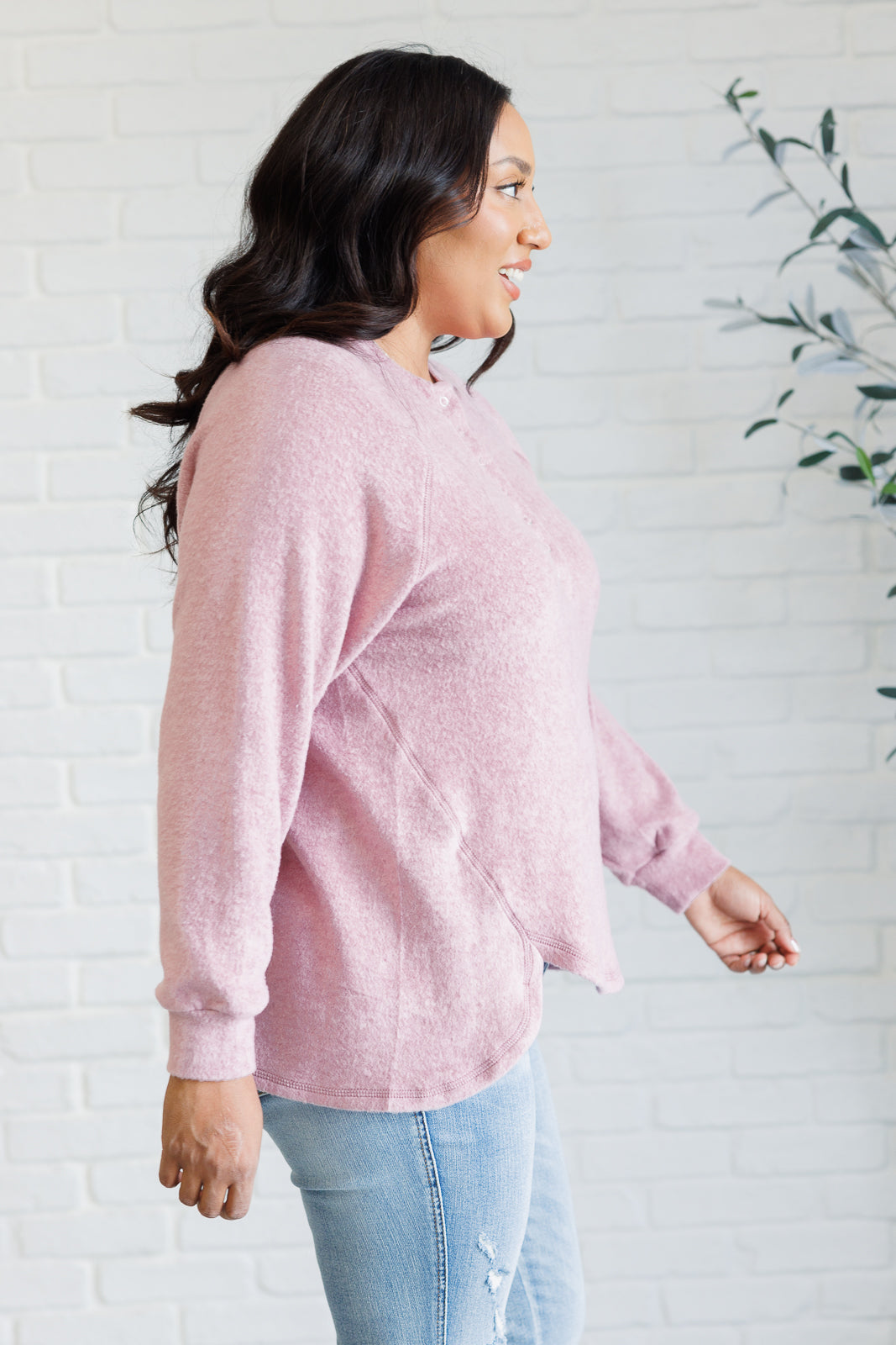 Zenana Keeping it Real Brushed Melange Hacci Long Sleeve Tee in Light Rose Shirts & Tops