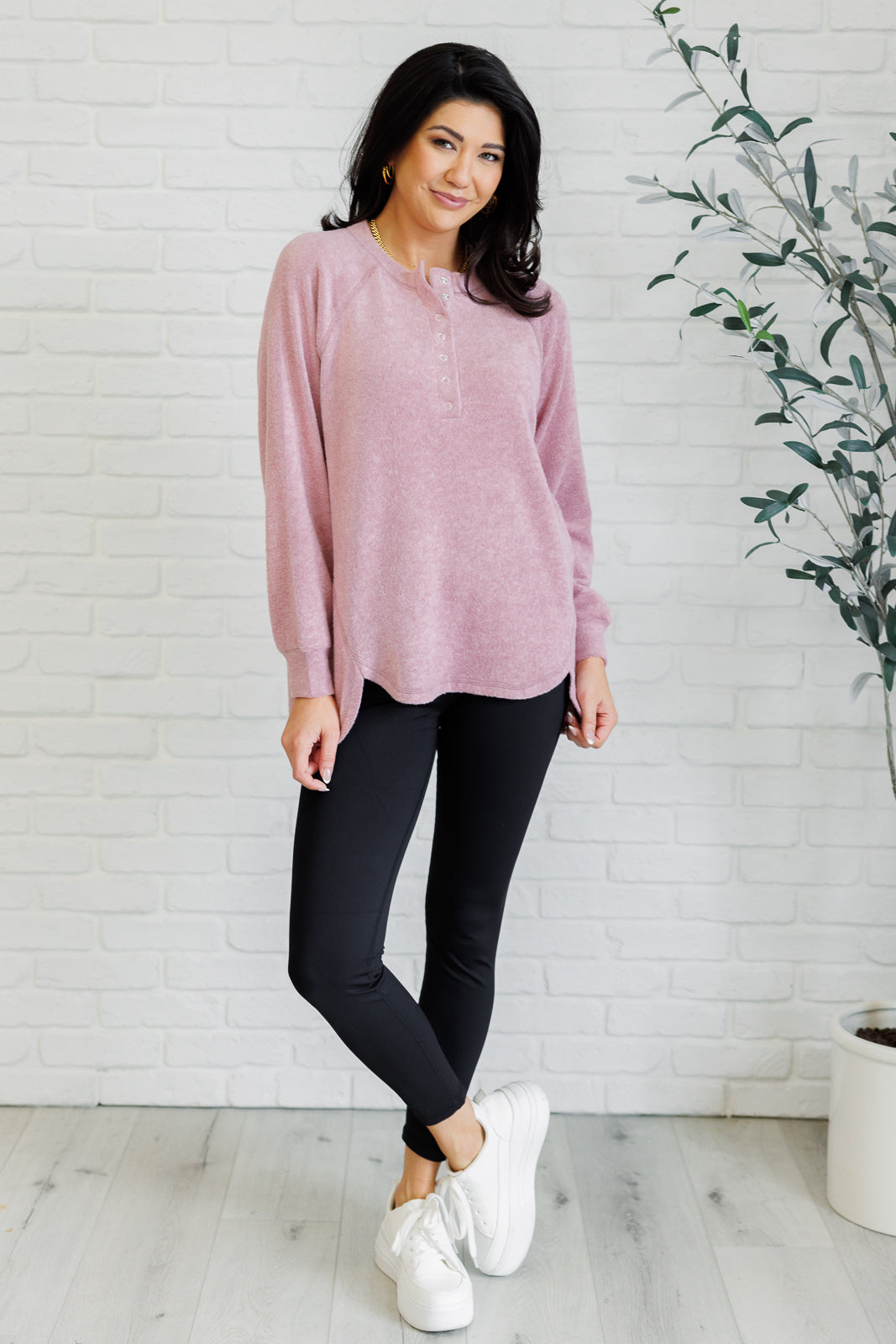 Zenana Keeping it Real Brushed Melange Hacci Long Sleeve Tee in Light Rose Shirts & Tops