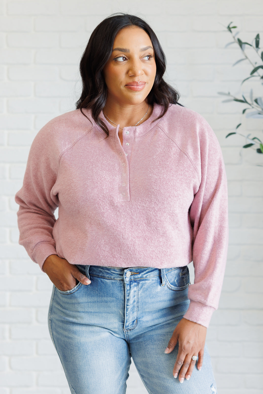 Zenana Keeping it Real Brushed Melange Hacci Long Sleeve Tee in Light Rose Shirts & Tops