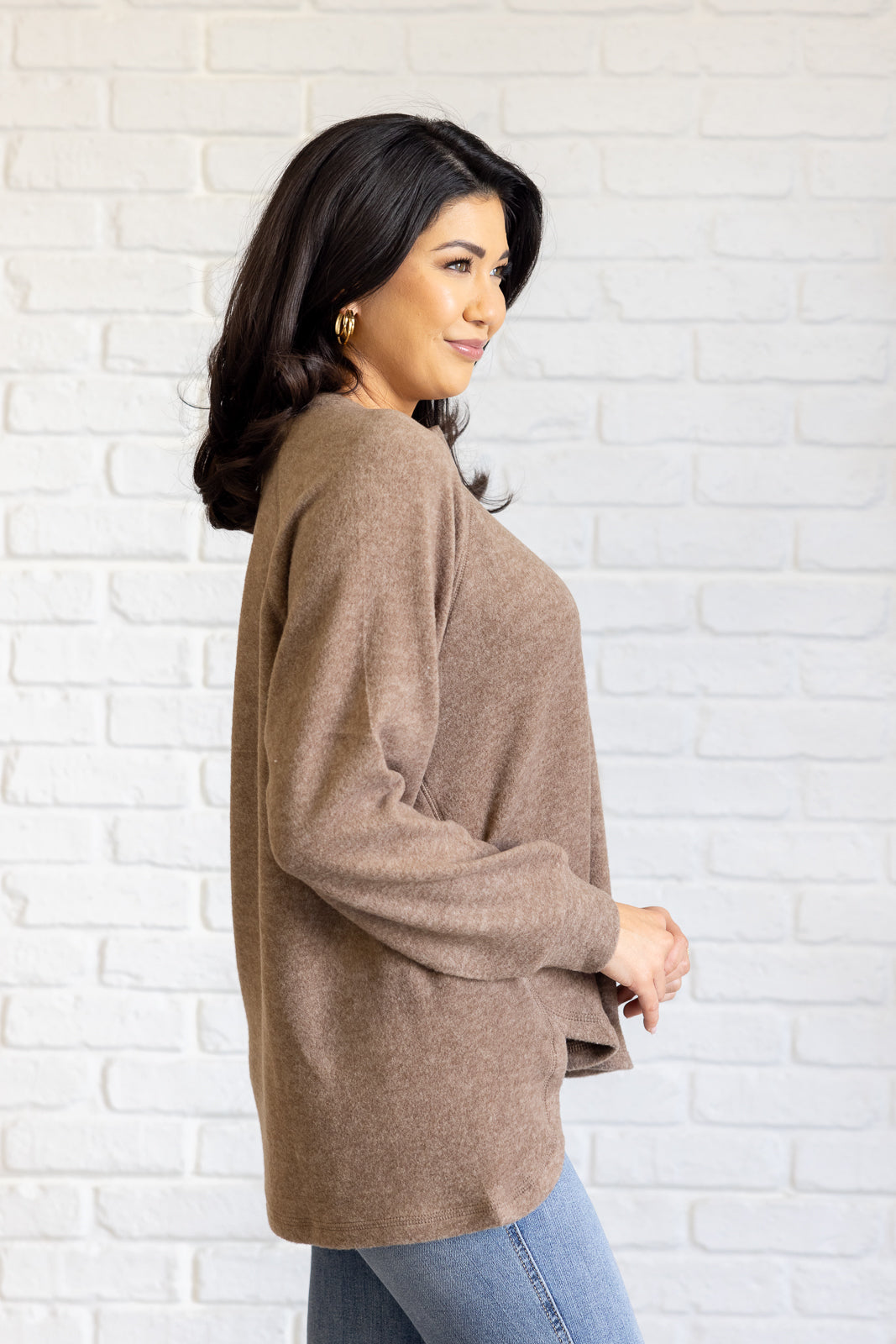 Zenana Keeping it Real Brushed Melange Hacci Long Sleeve Tee in Mocha Shirts & Tops