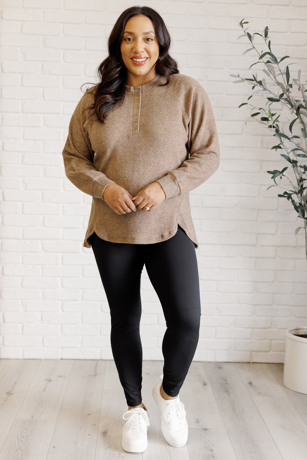 Zenana Keeping it Real Brushed Melange Hacci Long Sleeve Tee in Mocha Shirts & Tops