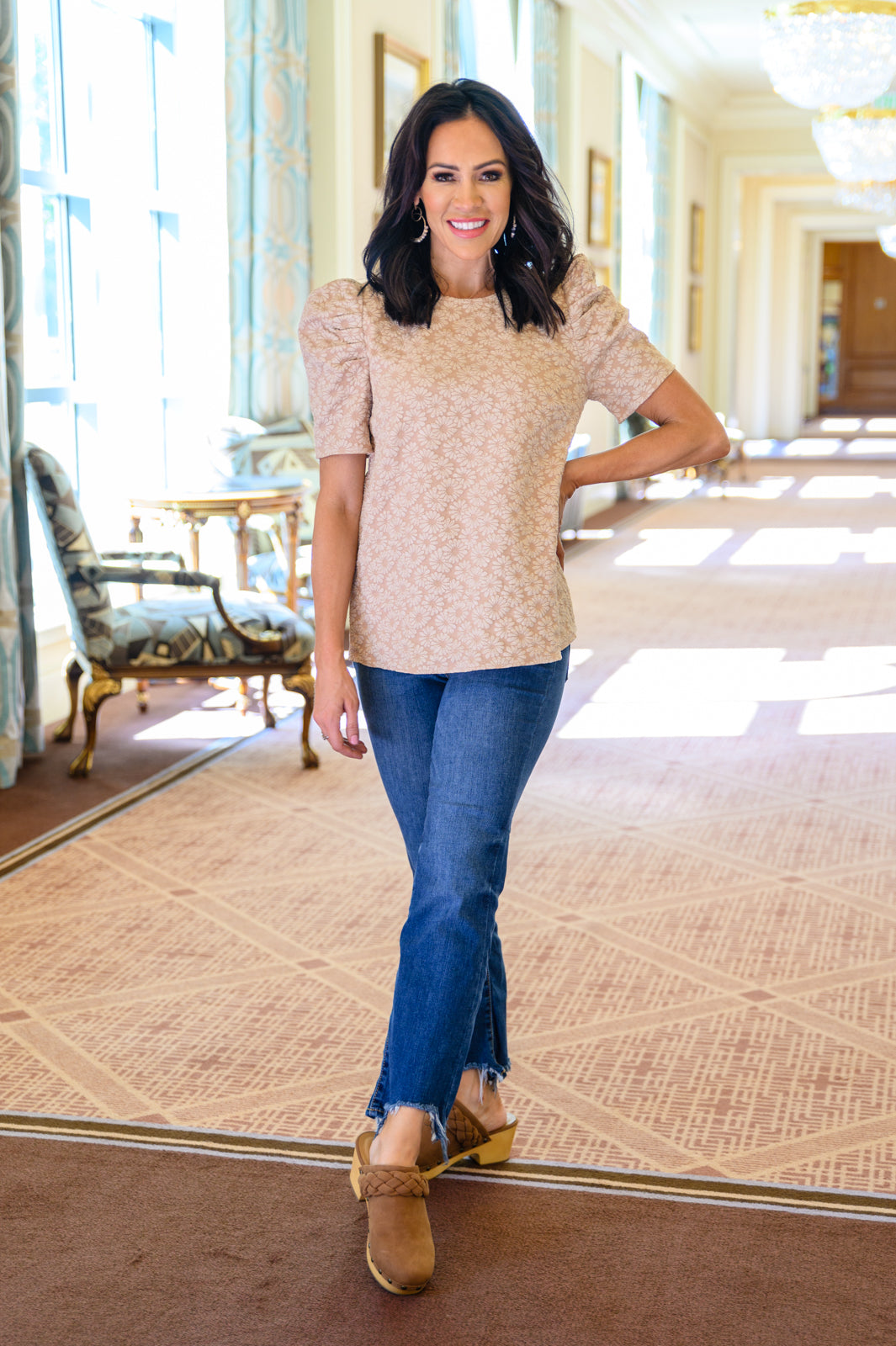 Mittoshop Kelsi Jacquard Puff Sleeve Top In Tan Womens