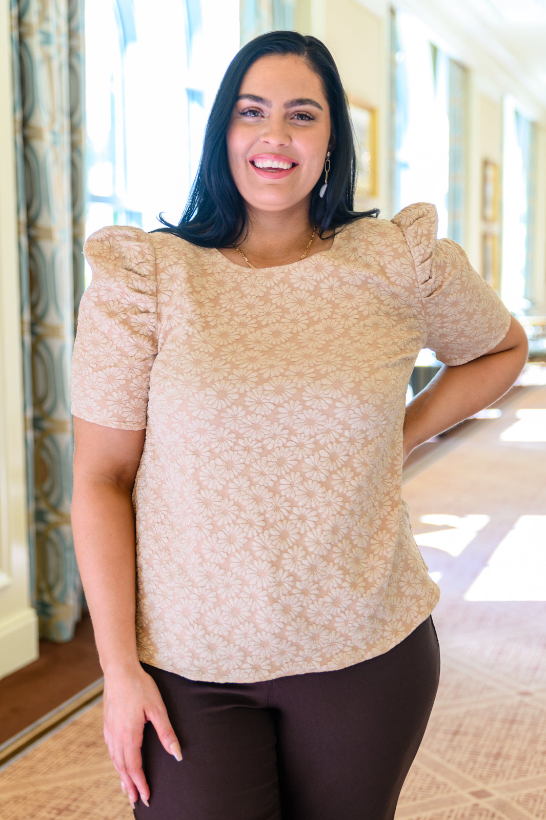 Mittoshop Kelsi Jacquard Puff Sleeve Top In Tan Womens