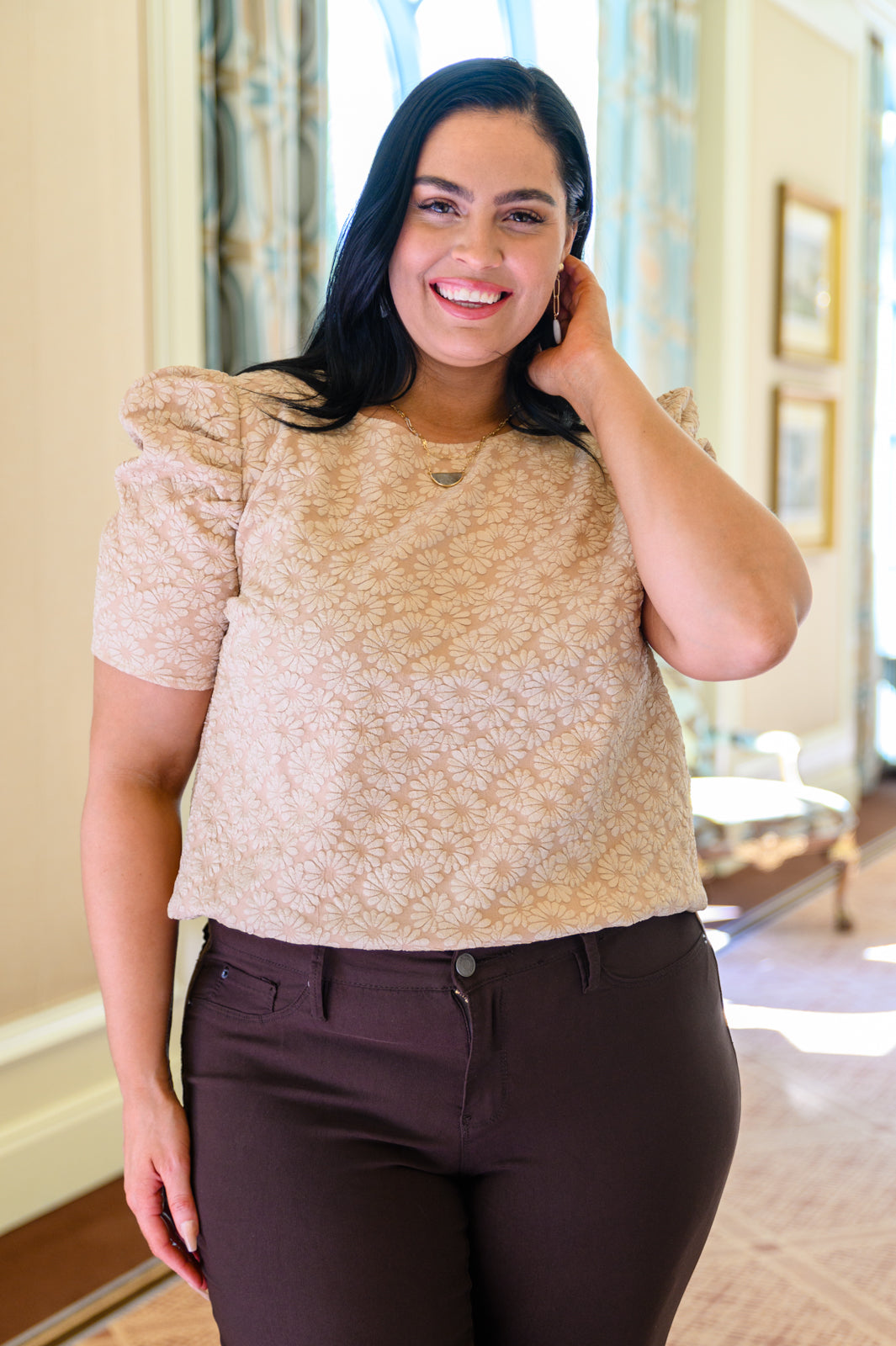 Mittoshop Kelsi Jacquard Puff Sleeve Top In Tan Womens