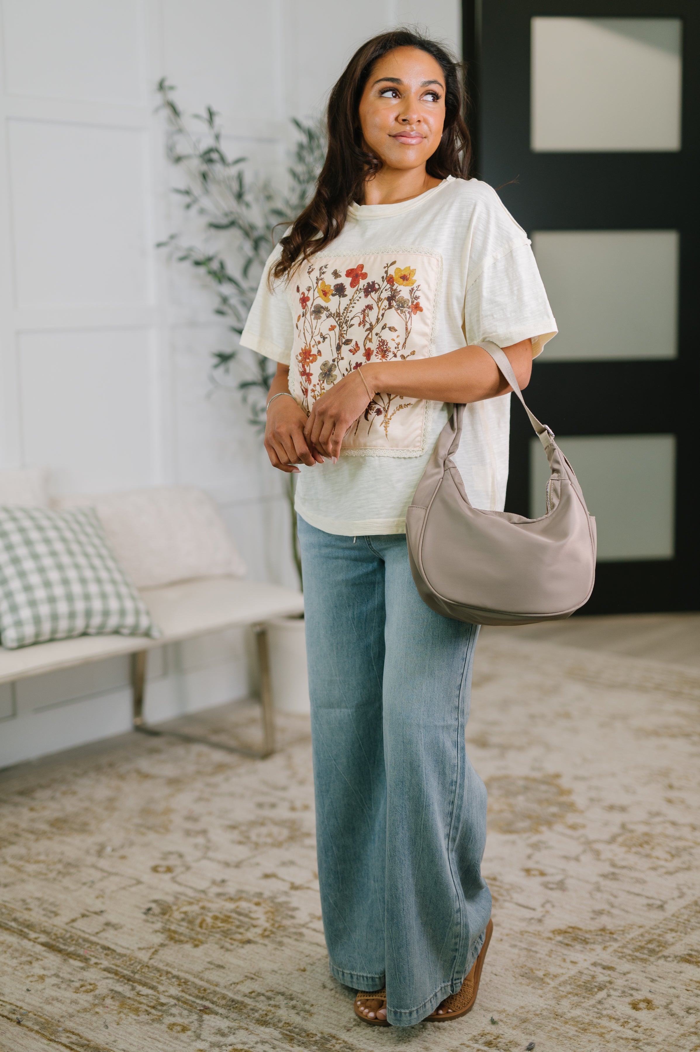 Haptics Knee Deep in Flowers We Applique Top Womens
