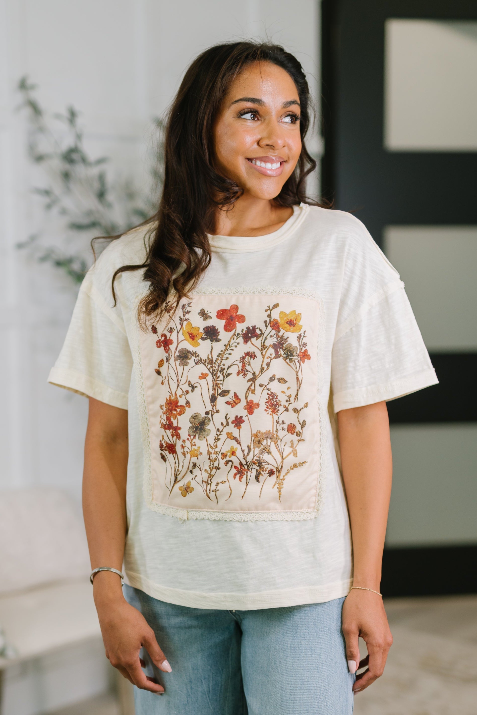 Haptics Knee Deep in Flowers We Applique Top Womens