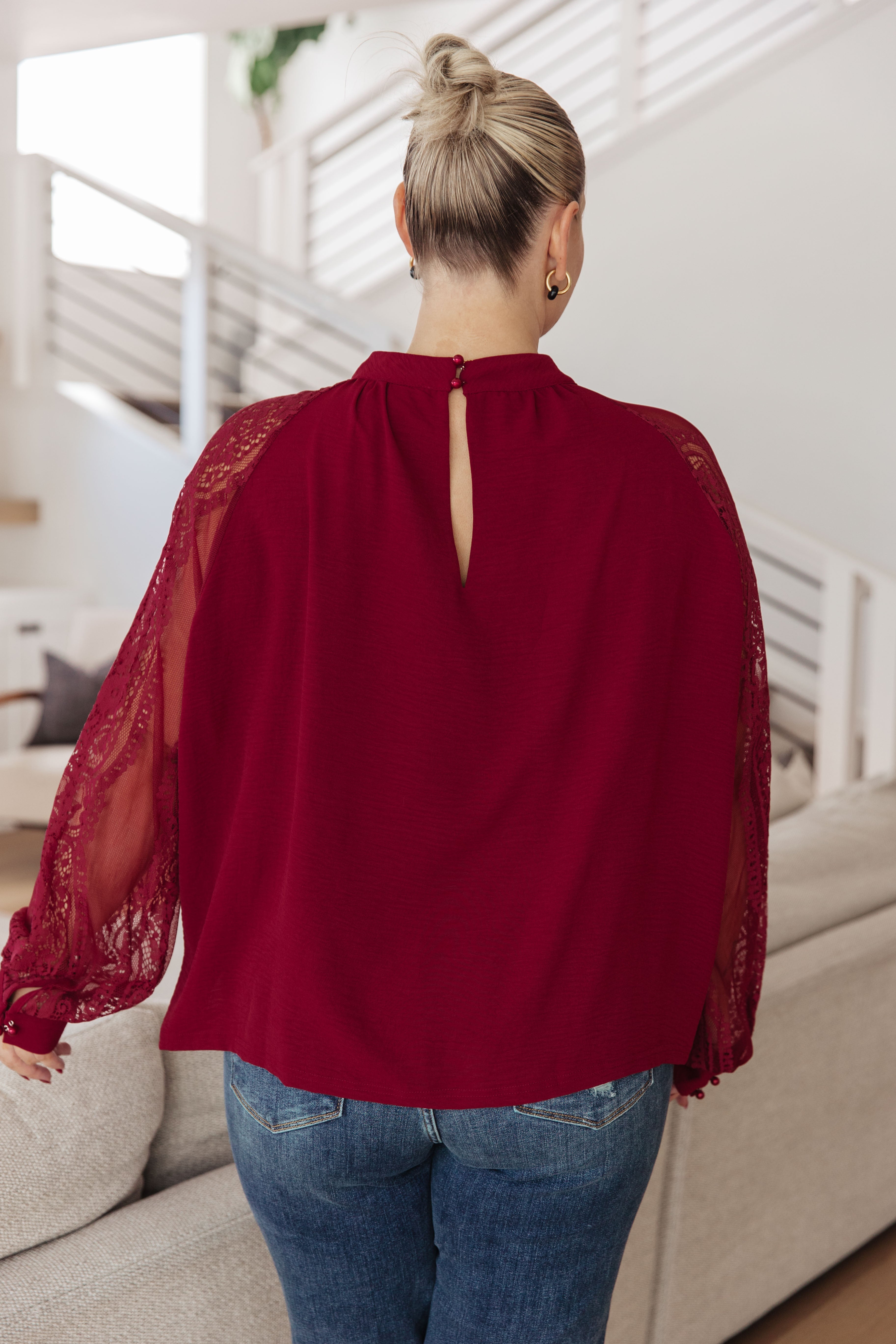 White Birch Lace on My Sleeves Blouse in Wine Tops