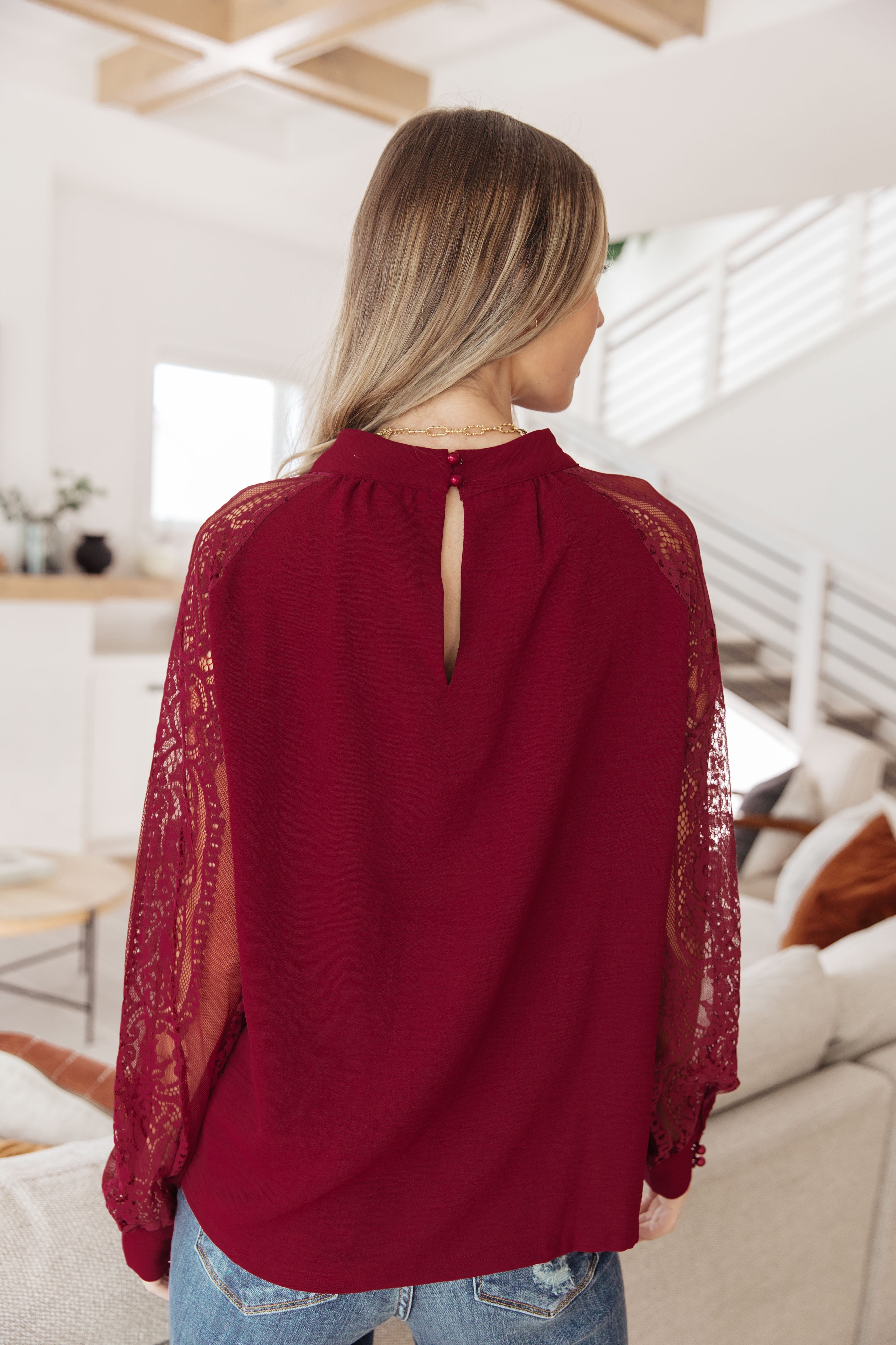 White Birch Lace on My Sleeves Blouse in Wine Tops