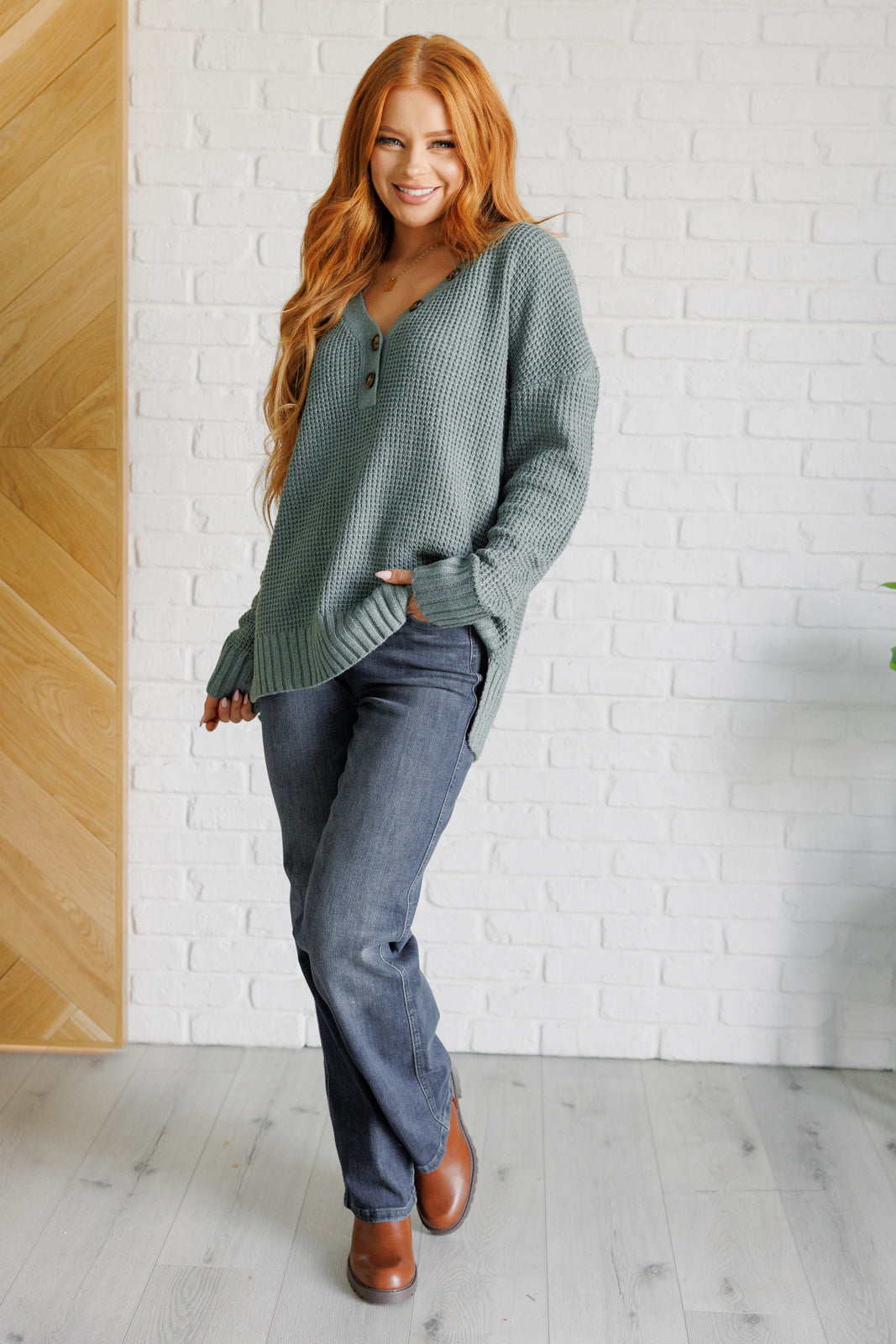 Very J Lakeside View Drop Shoulder Sweater in Sage Sweater