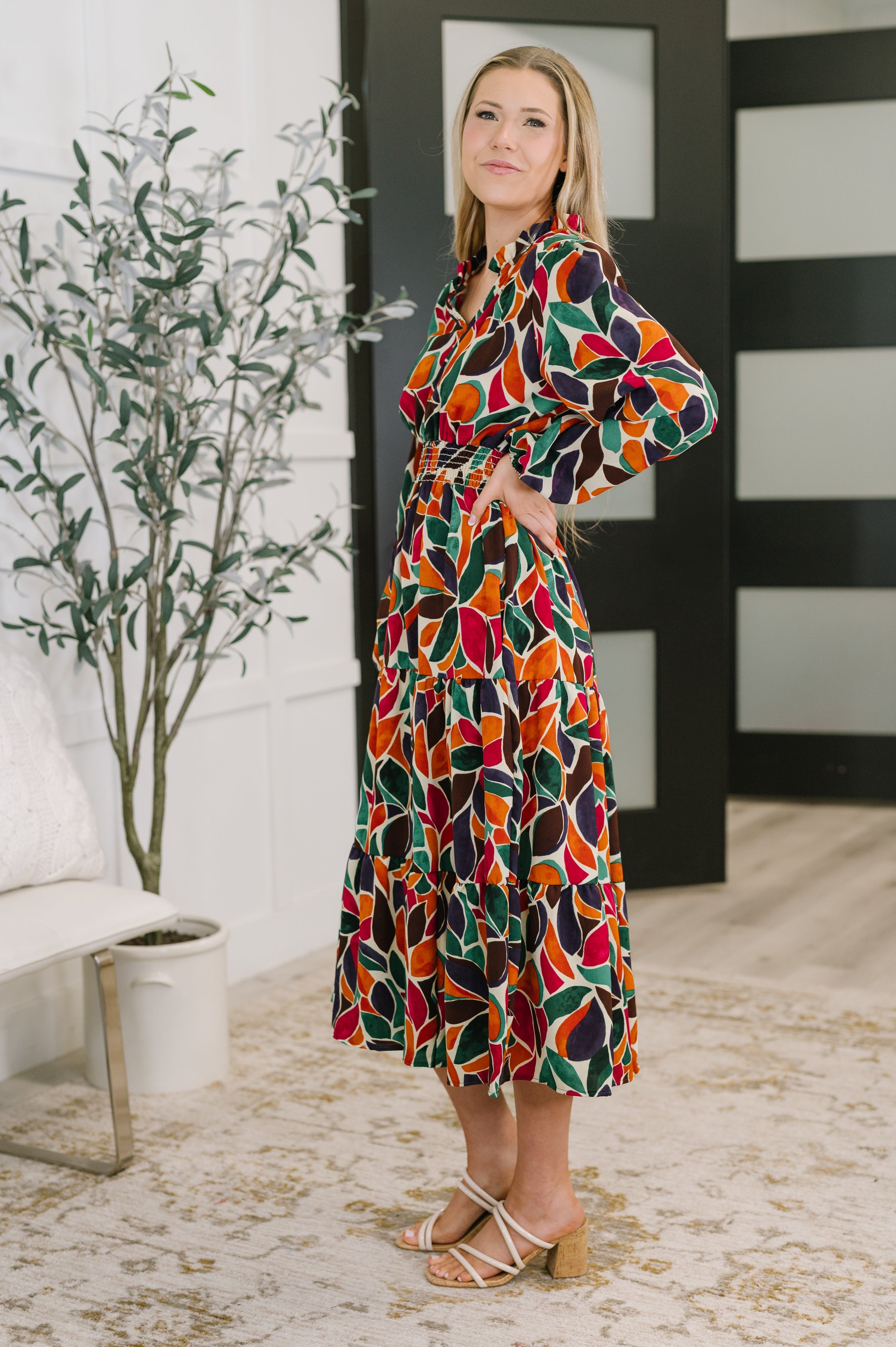 Haptics Leafing it All Behind Long Sleeve Tiered Dress Womens