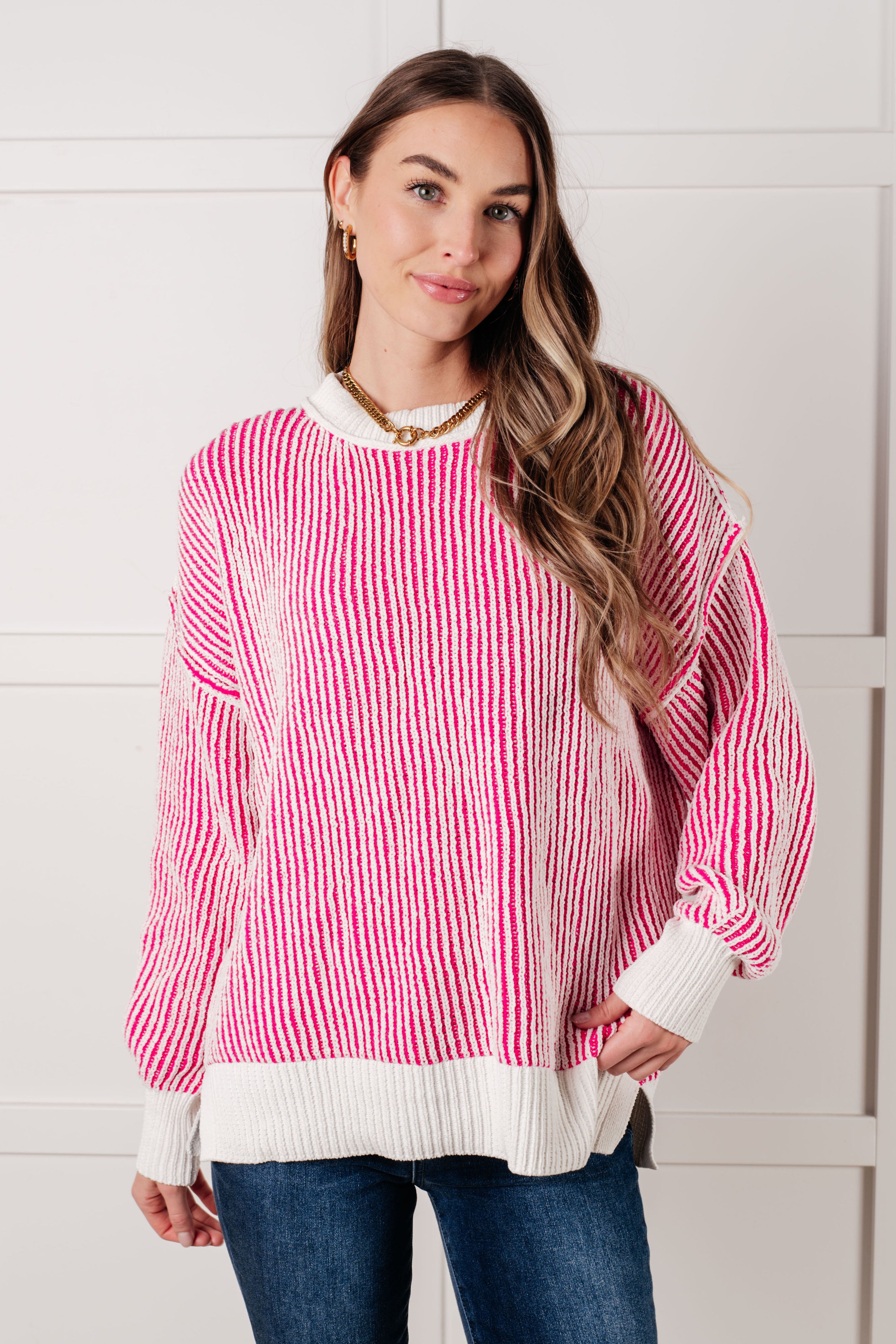 One Eleven North Least High Maintenance Contrast Trim Sweater in Pink Sweaters