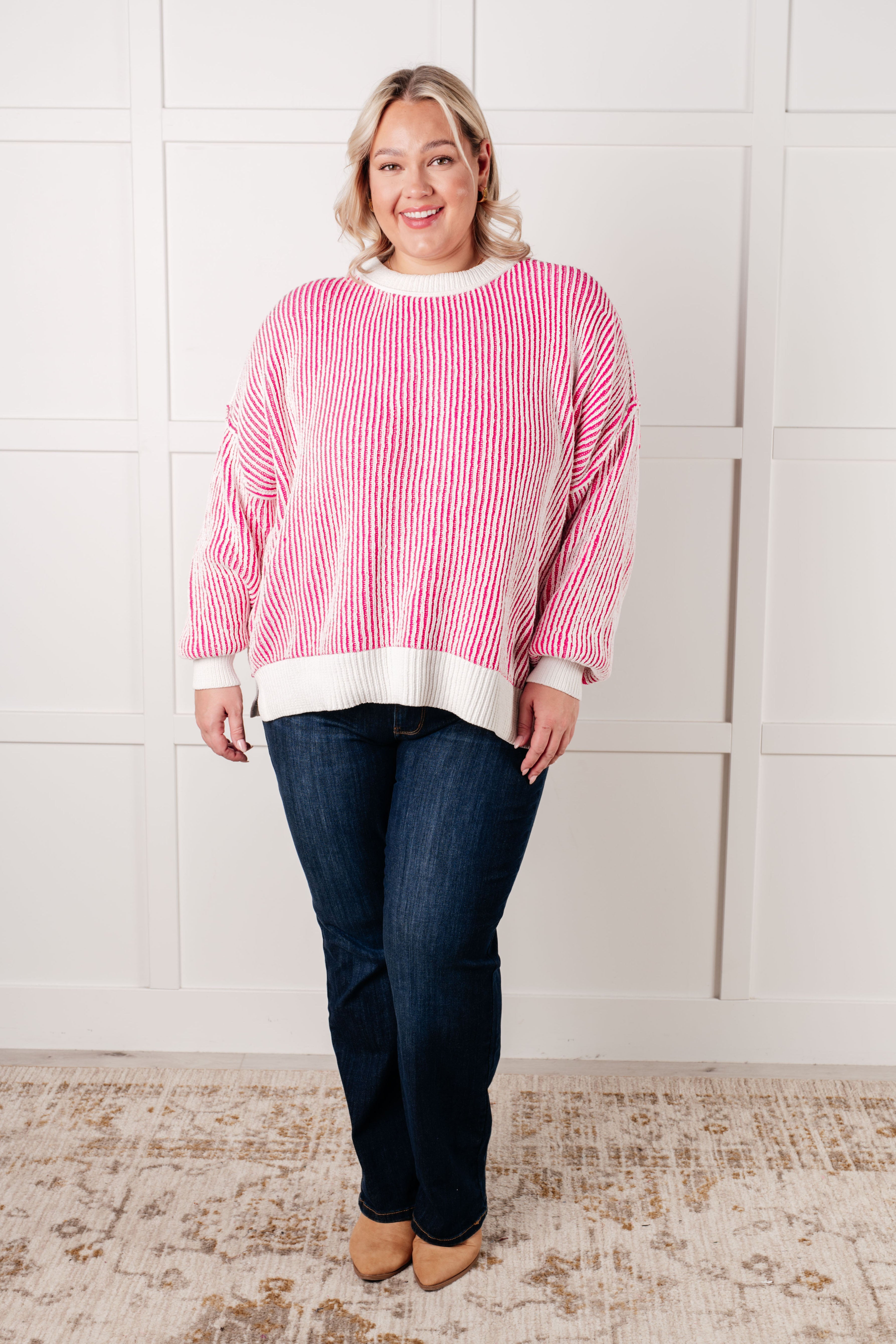 One Eleven North Least High Maintenance Contrast Trim Sweater in Pink Sweaters