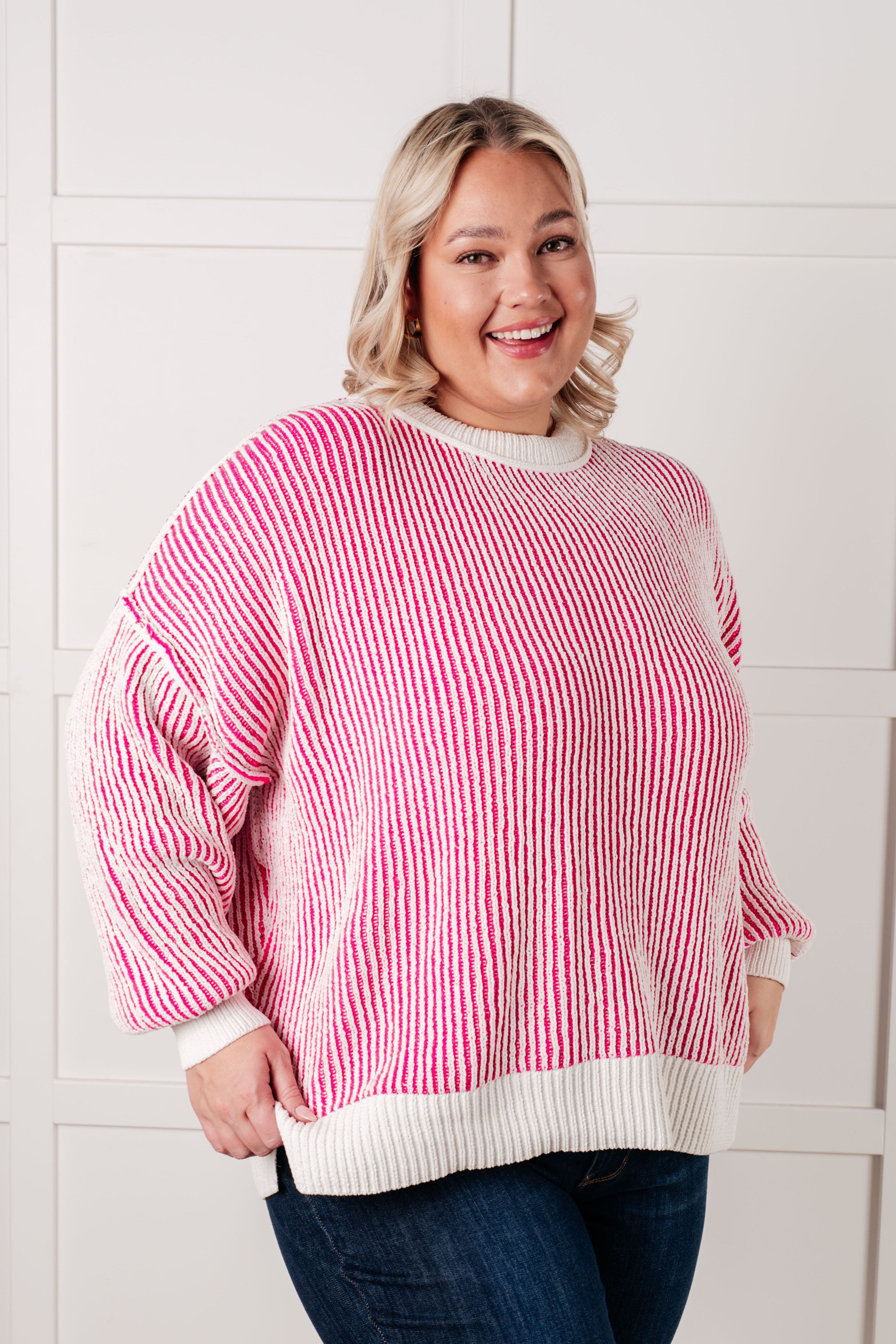 One Eleven North Least High Maintenance Contrast Trim Sweater in Pink Sweaters