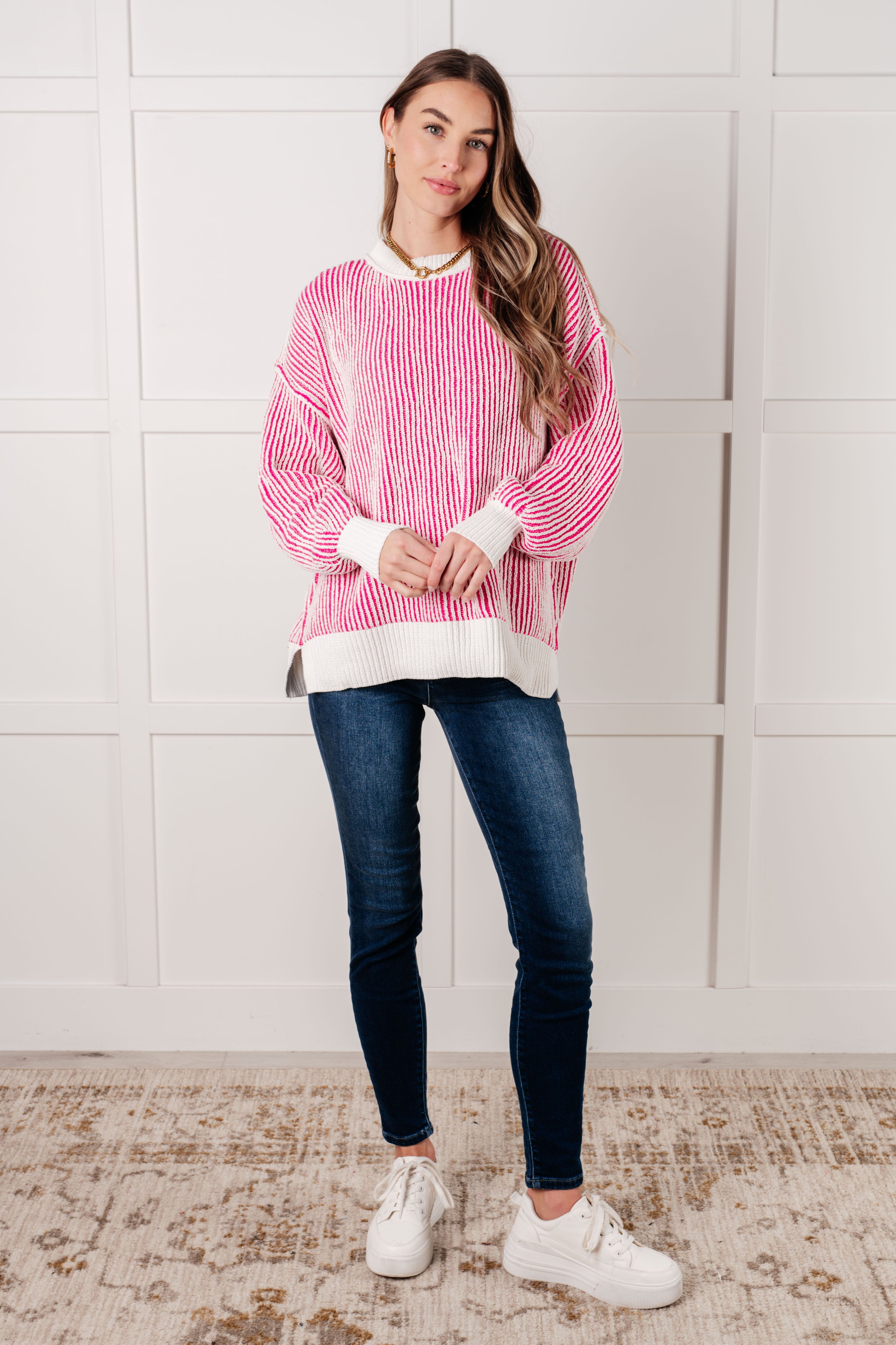 One Eleven North Least High Maintenance Contrast Trim Sweater in Pink Sweaters