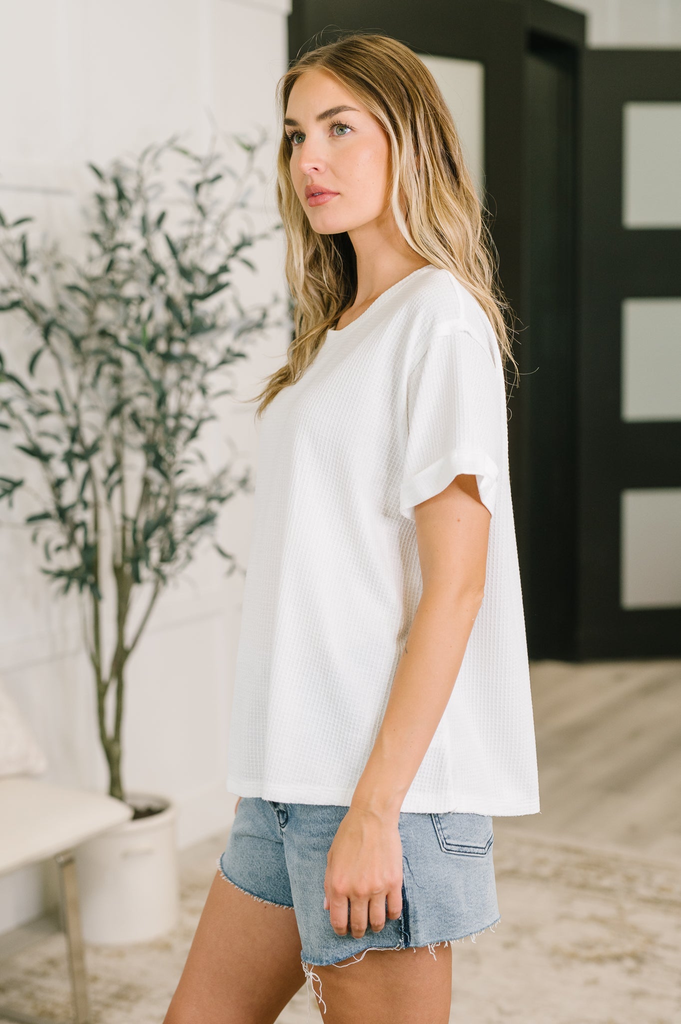 Leave It to Me Waffle Knit Relaxed Tee in Ivory Womens
