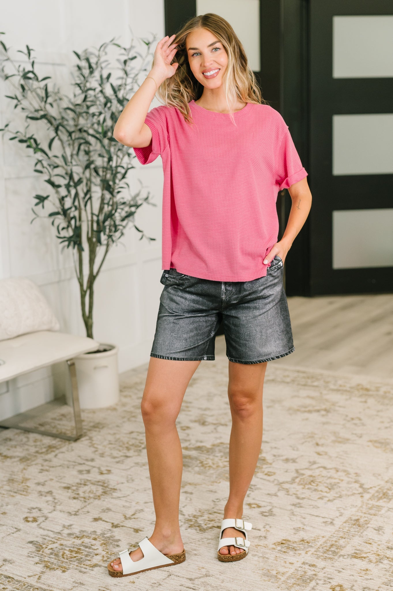 Leave It to Me Waffle Knit Relaxed Tee in Pink Womens