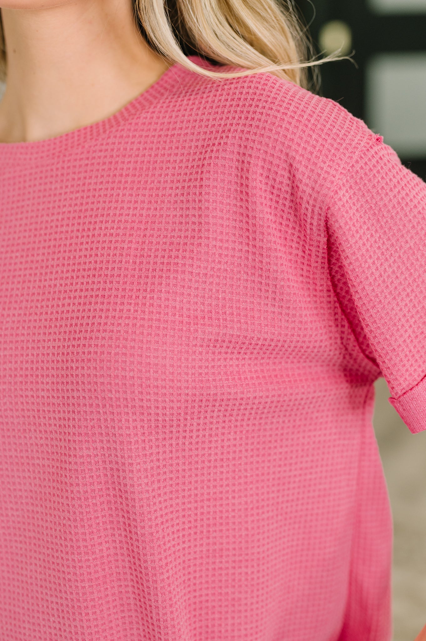 Leave It to Me Waffle Knit Relaxed Tee in Pink Womens