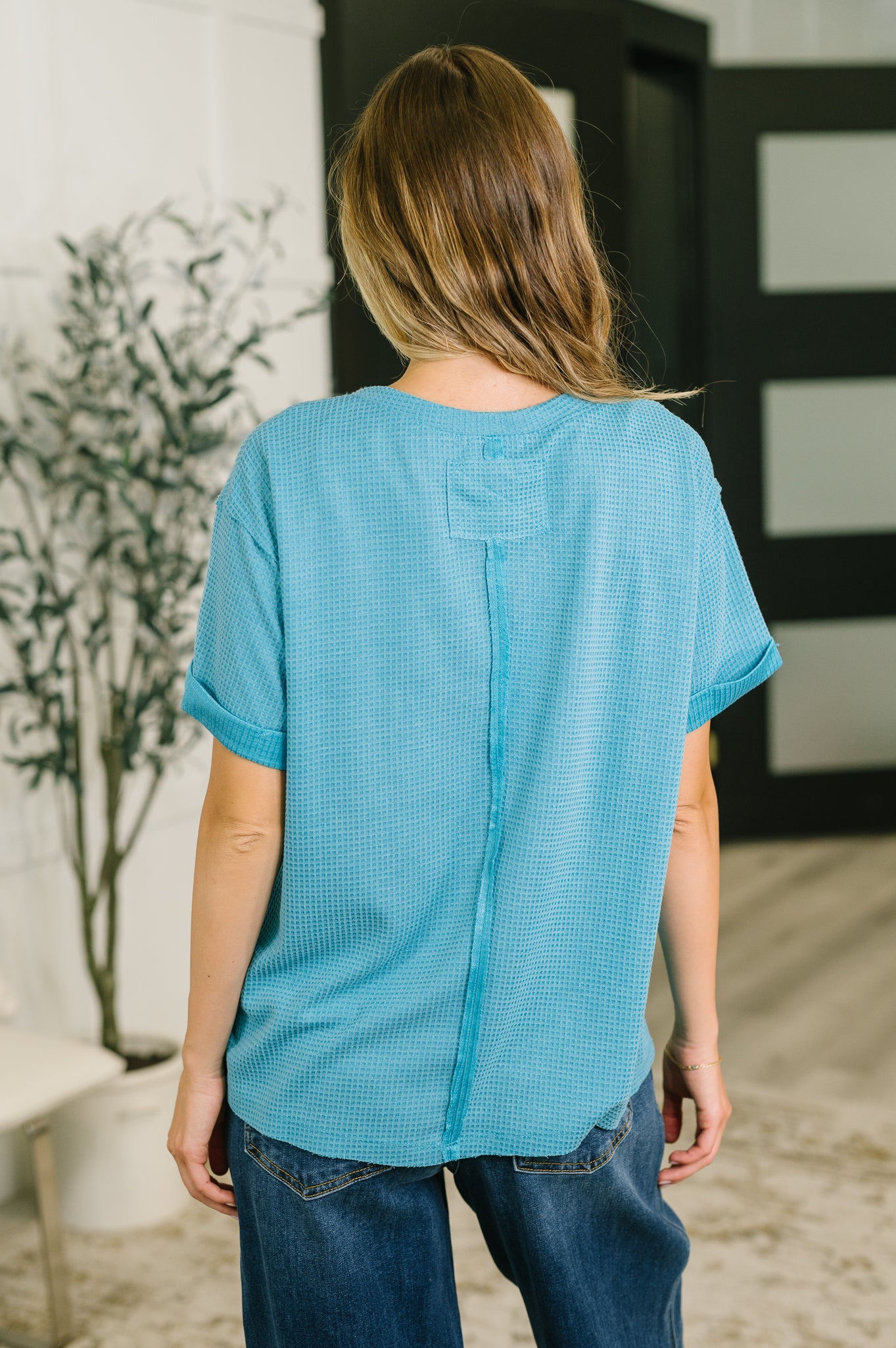 Leave It to Me Waffle Knit Relaxed Tee in Teal Womens