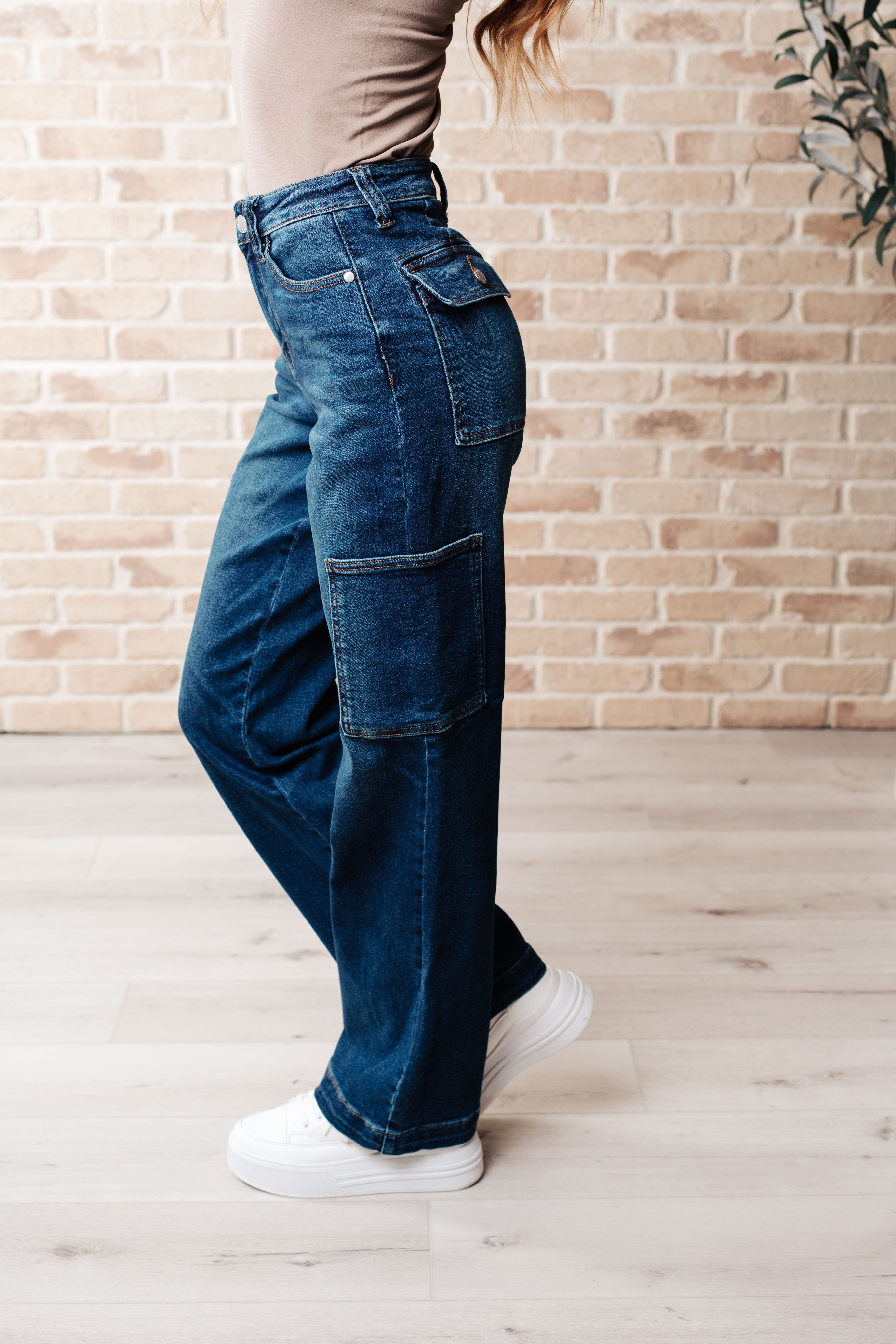 Judy Blue High Waist Straight Cargo Jeans- Leila Dark Trendsi