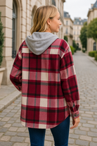 Zenana Cabernet Plaid Drawstring Hooded Fleece Shacket