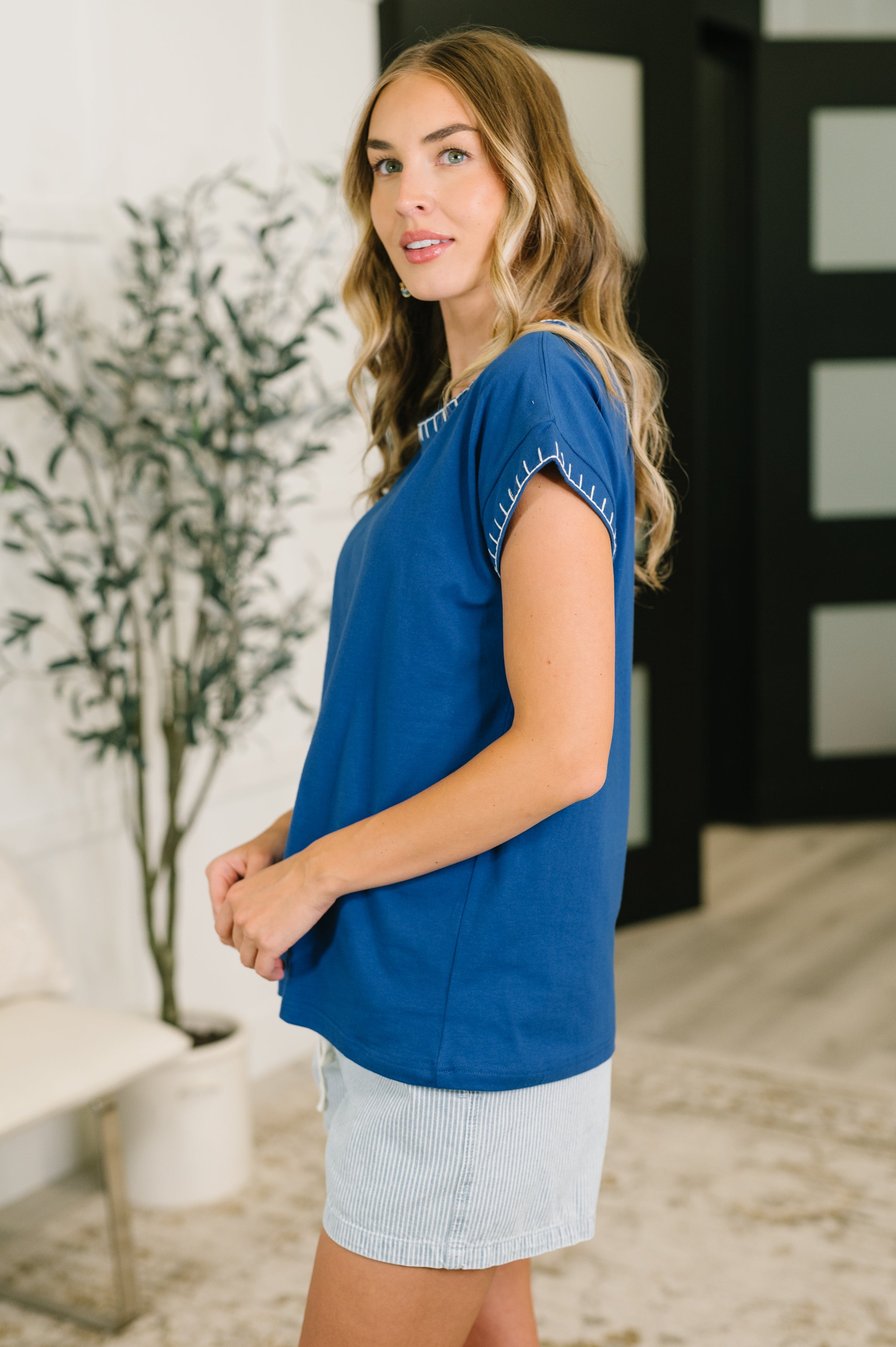 Little Details Trim Detail Top in Blue Womens