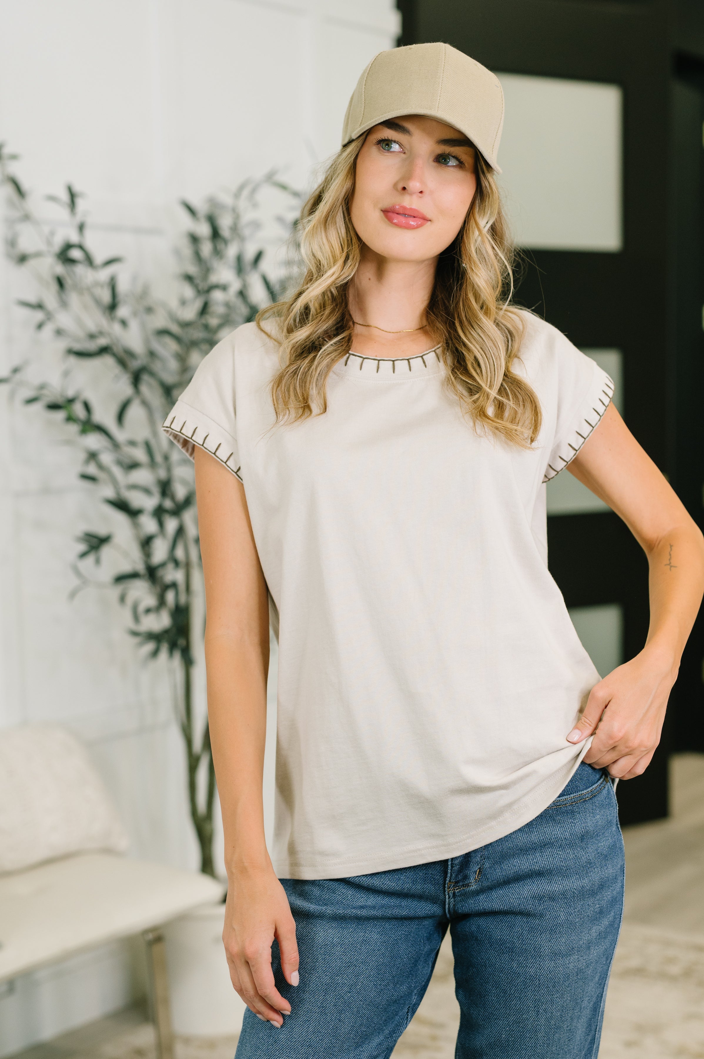 Little Details Trim Detail Top in Sand Beige Womens