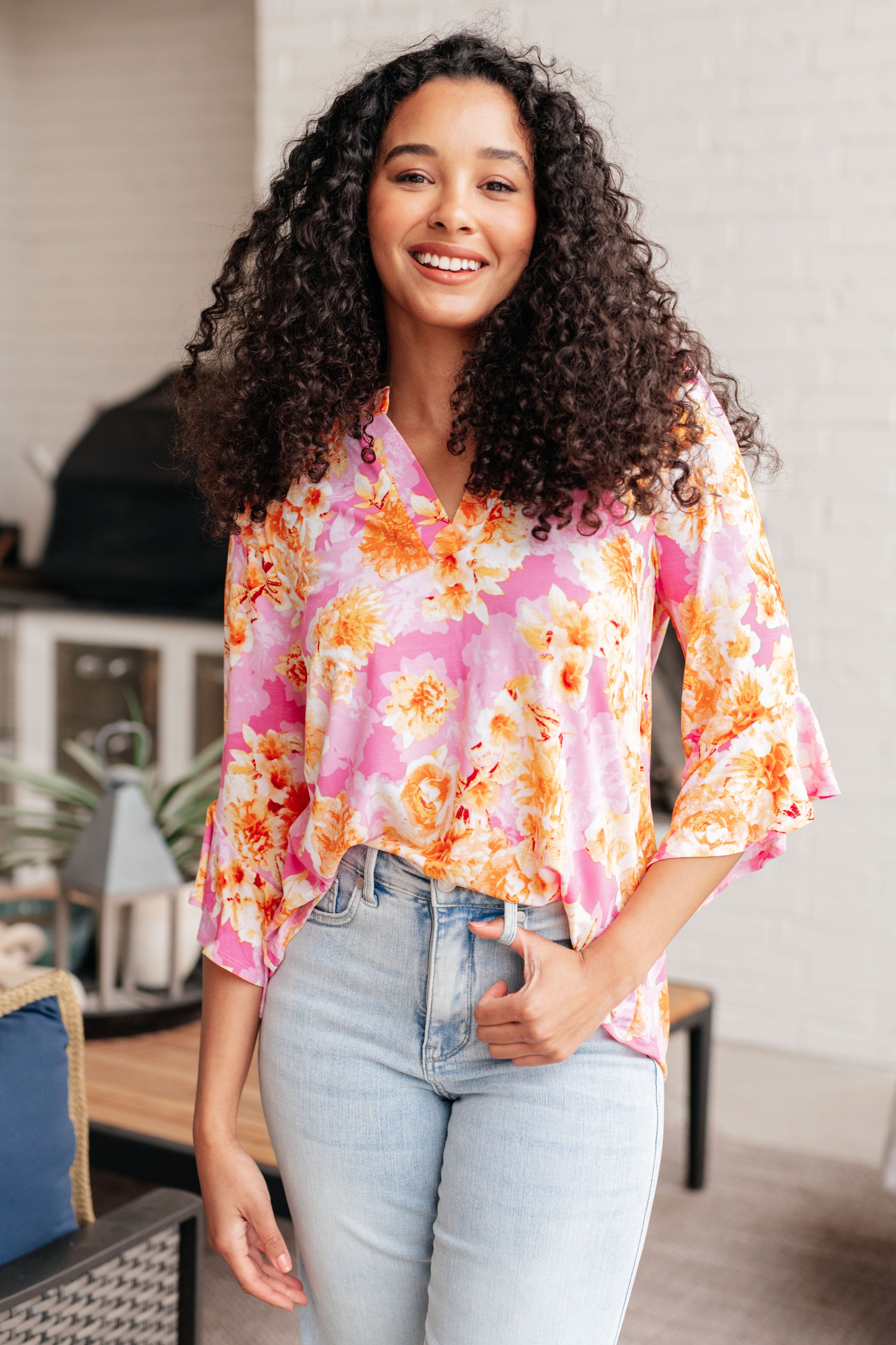 Dear Scarlett Lizzy Bell Sleeve Top in Pink and Gold Floral Ave Shops